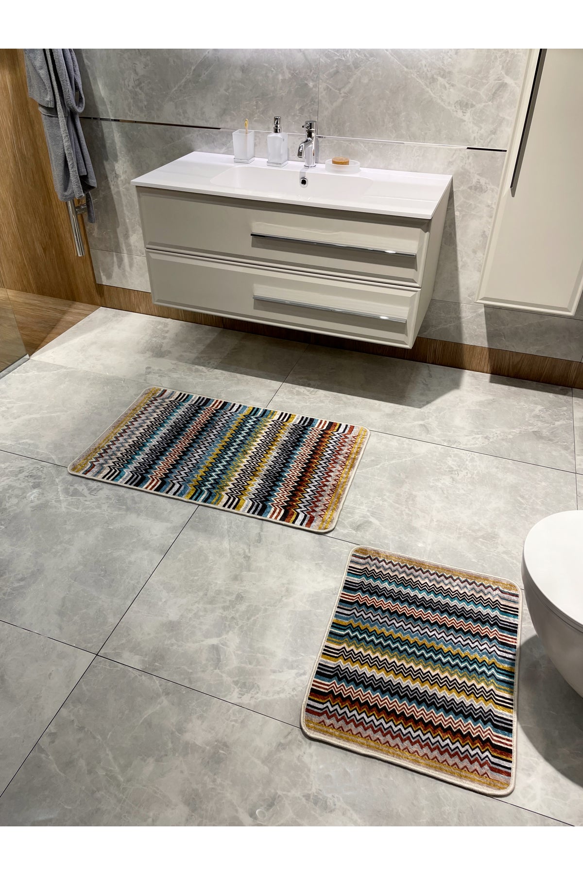 Misson Zigzag Desenli 2 li Deri Taban Banyo Paspas (60x100 - 60x50)