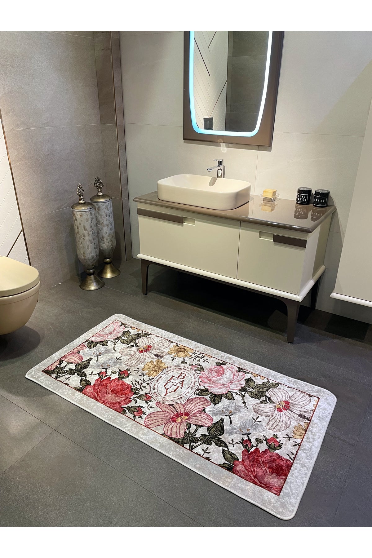 Tekli Çiçek Desenli Beauty Lateks Taban Banyo Paspas (EBAT 50X100)