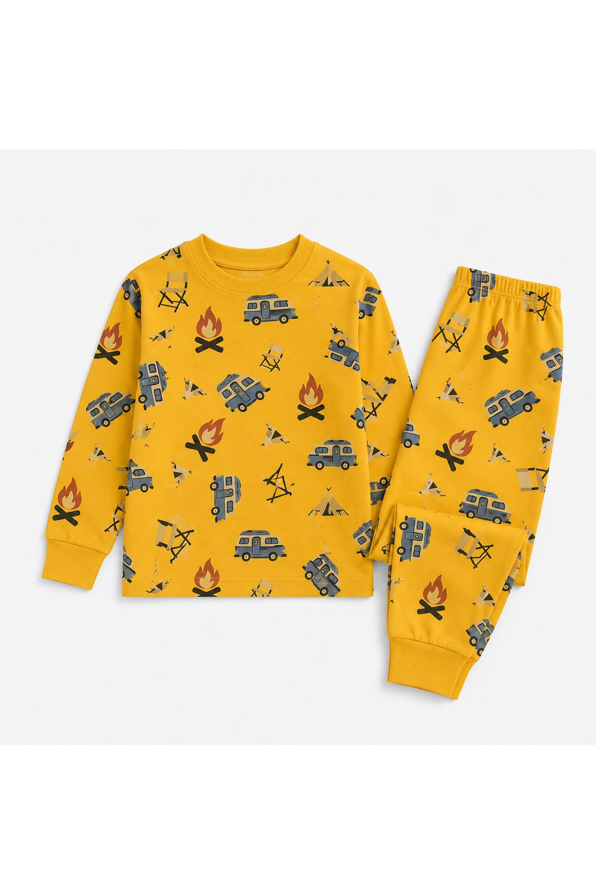 Elmas kids Erkek çocuk %100 pamuklu kamp desenli uzun kollu esnek pijama takımı