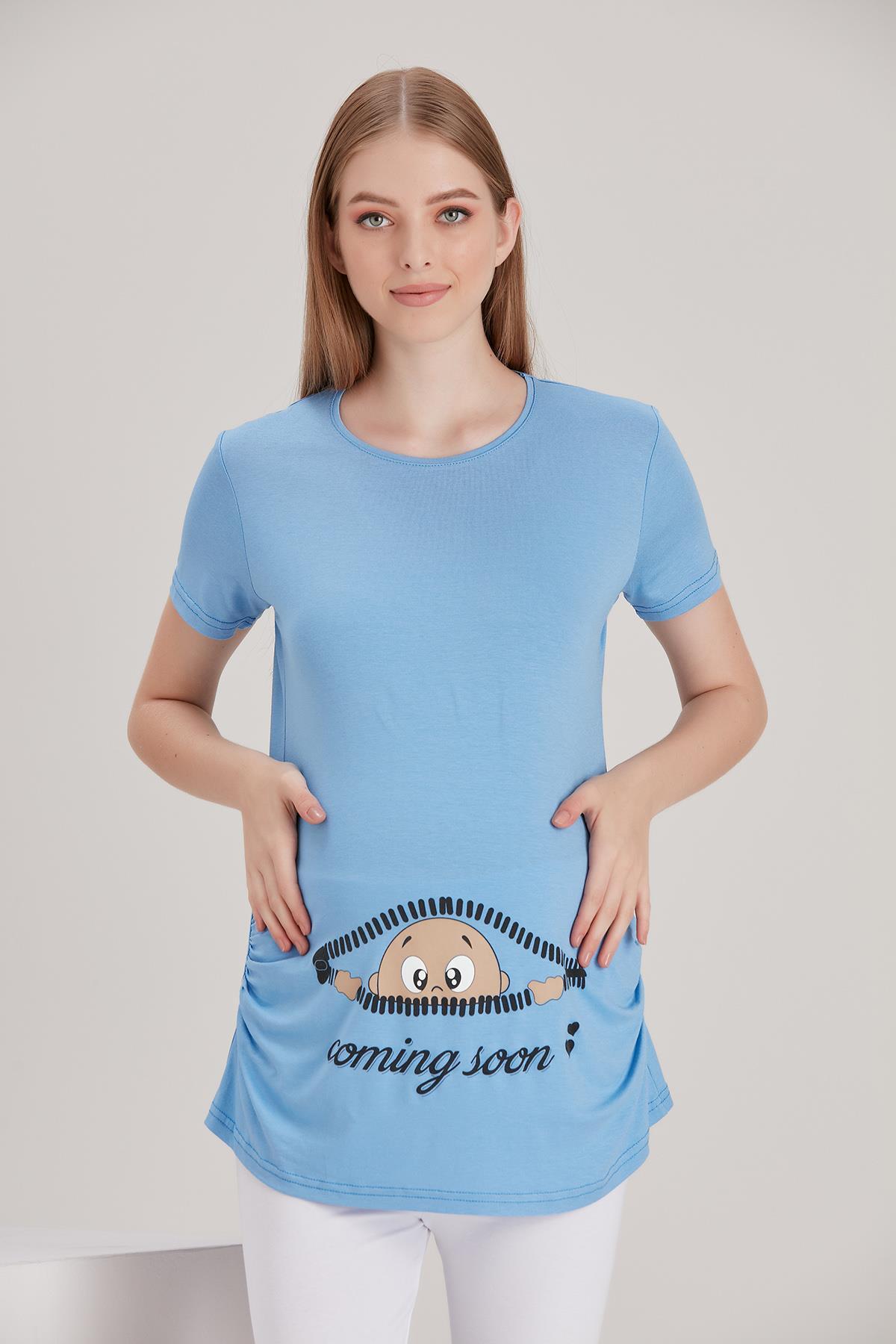 4473-fermuardan Bakan Bebek Viskon Hamile Kısa Kol T-shirt