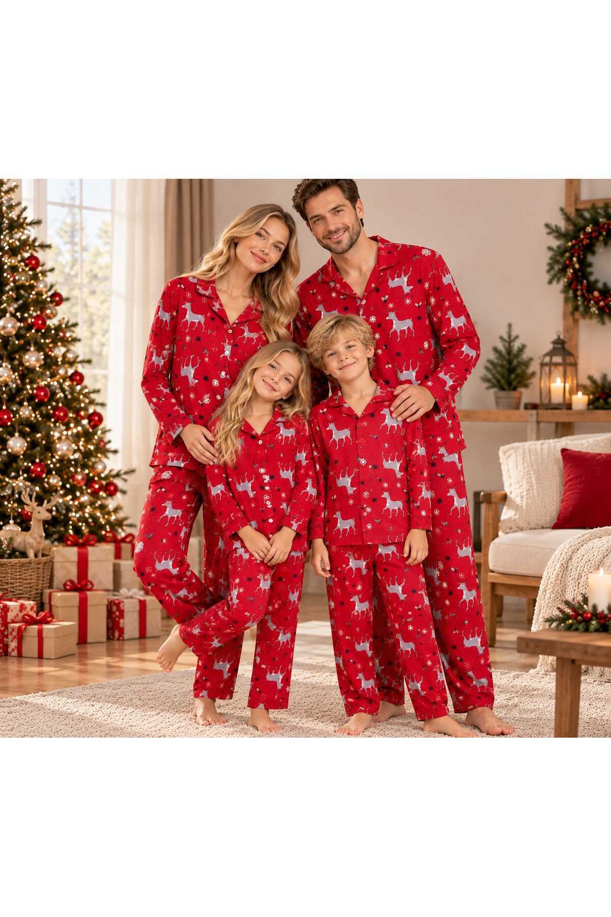 Yılbaşı özel tasarım pamuklu aile kombini uzun kollu düğmeli pijama takımı