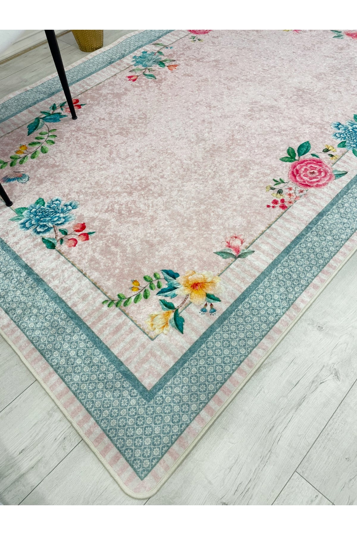 Blue Background, Rose-Patterned Non-Slip Rug