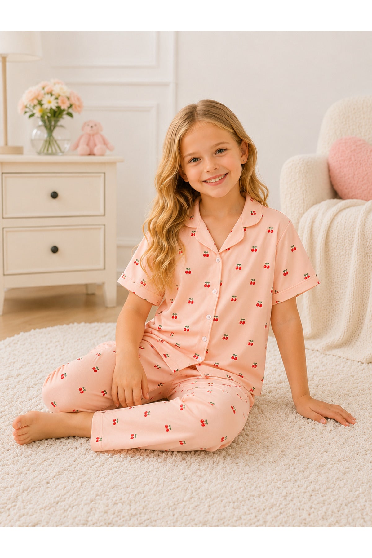 Kız çocuk kiraz desenli düğmeli gömlek yaka yazlık kısa kollu pijama takımı