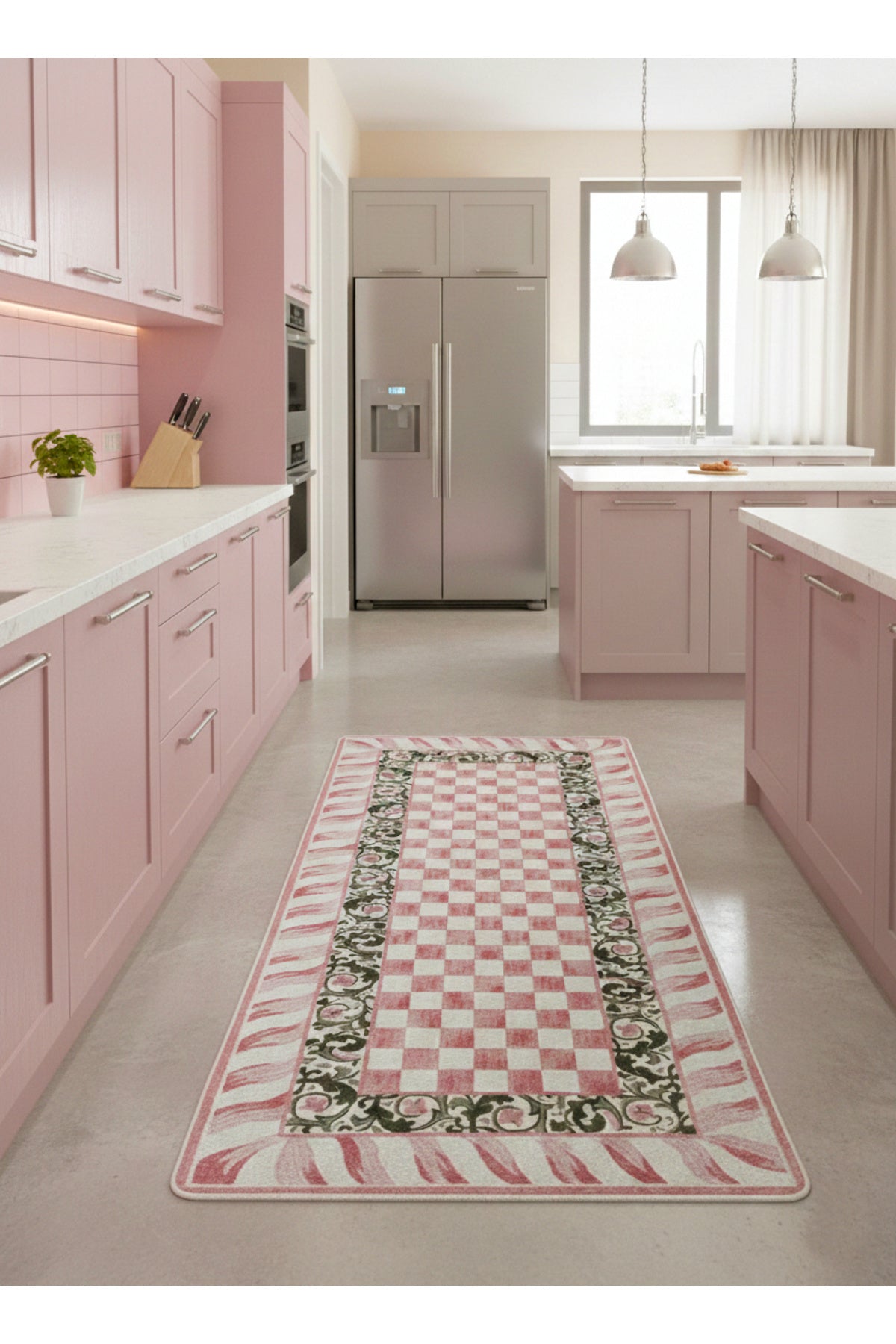 Pembe Renk- Mackenzie Stili Damalı Mutfak Antre Yolluk Halı