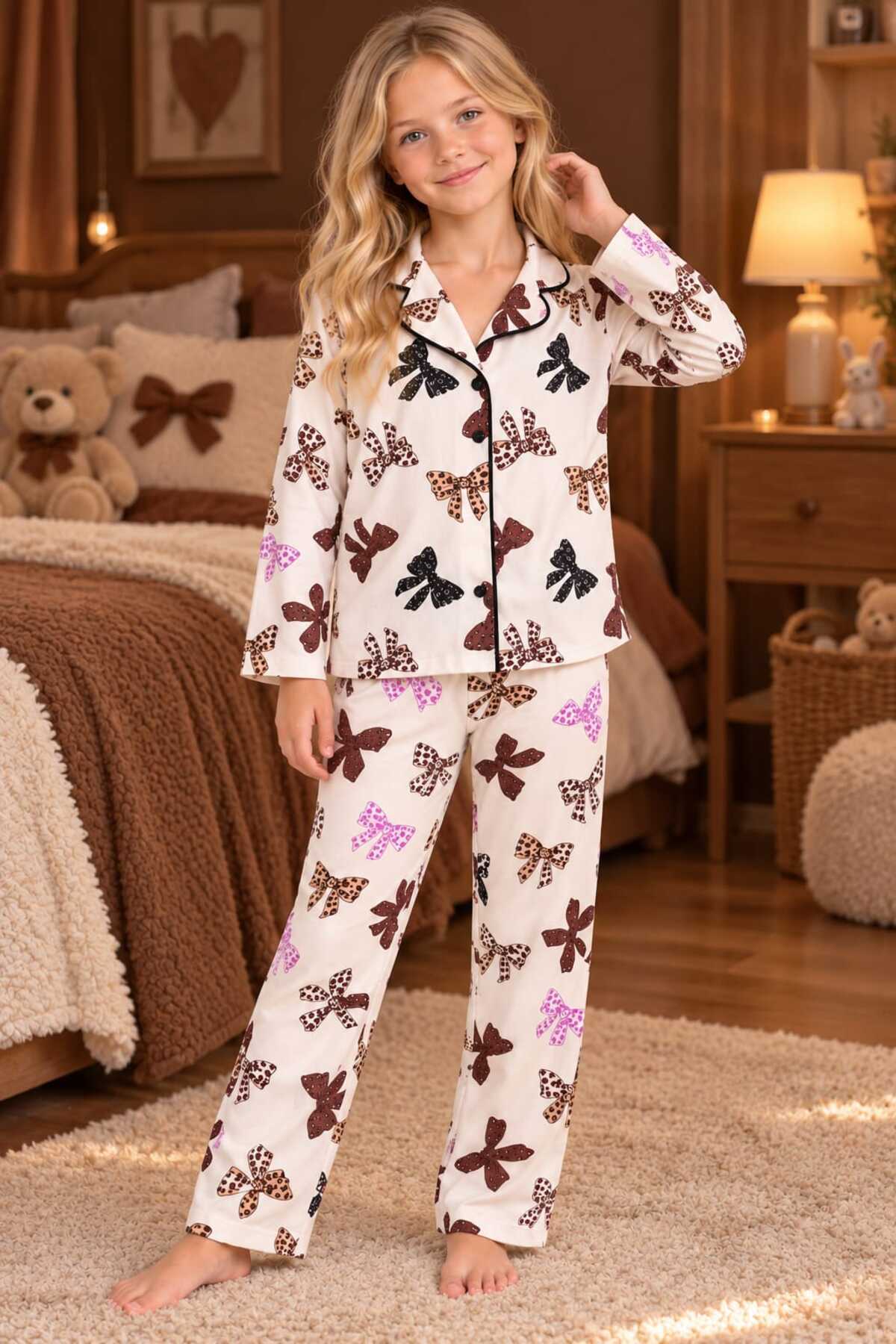 Kız çocuk uzun kollu kurdela desenli düğmeli bej renk pijama takımı