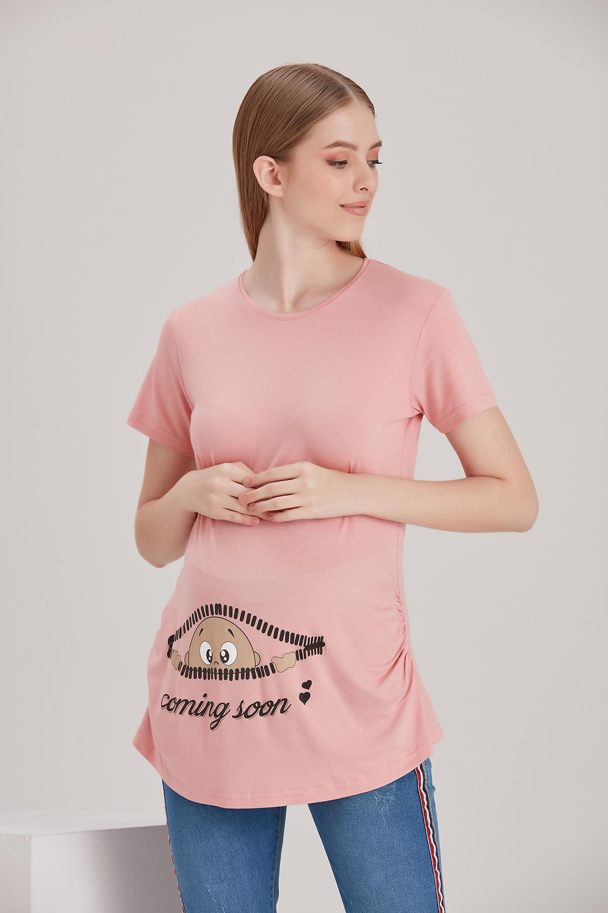 4473-fermuardan Bakan Bebek Viskon Hamile Kısa Kol T-shirt