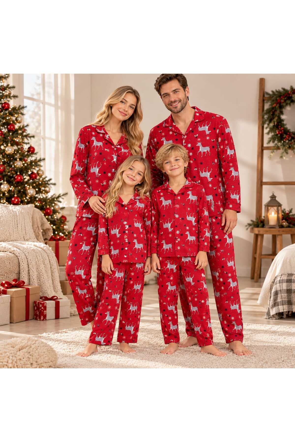 Yılbaşı özel tasarım pamuklu aile kombini uzun kollu düğmeli pijama takımı