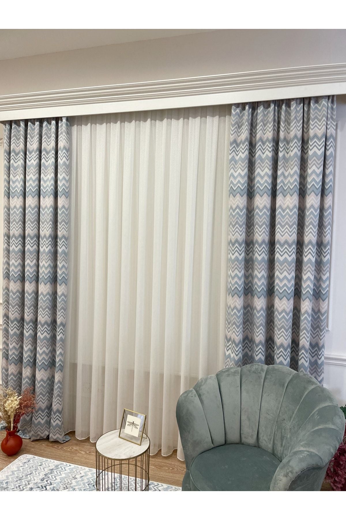 Zigzag Desenli PİLESİZ DÜZ DİKİM Ekstraforlu Fon Perde