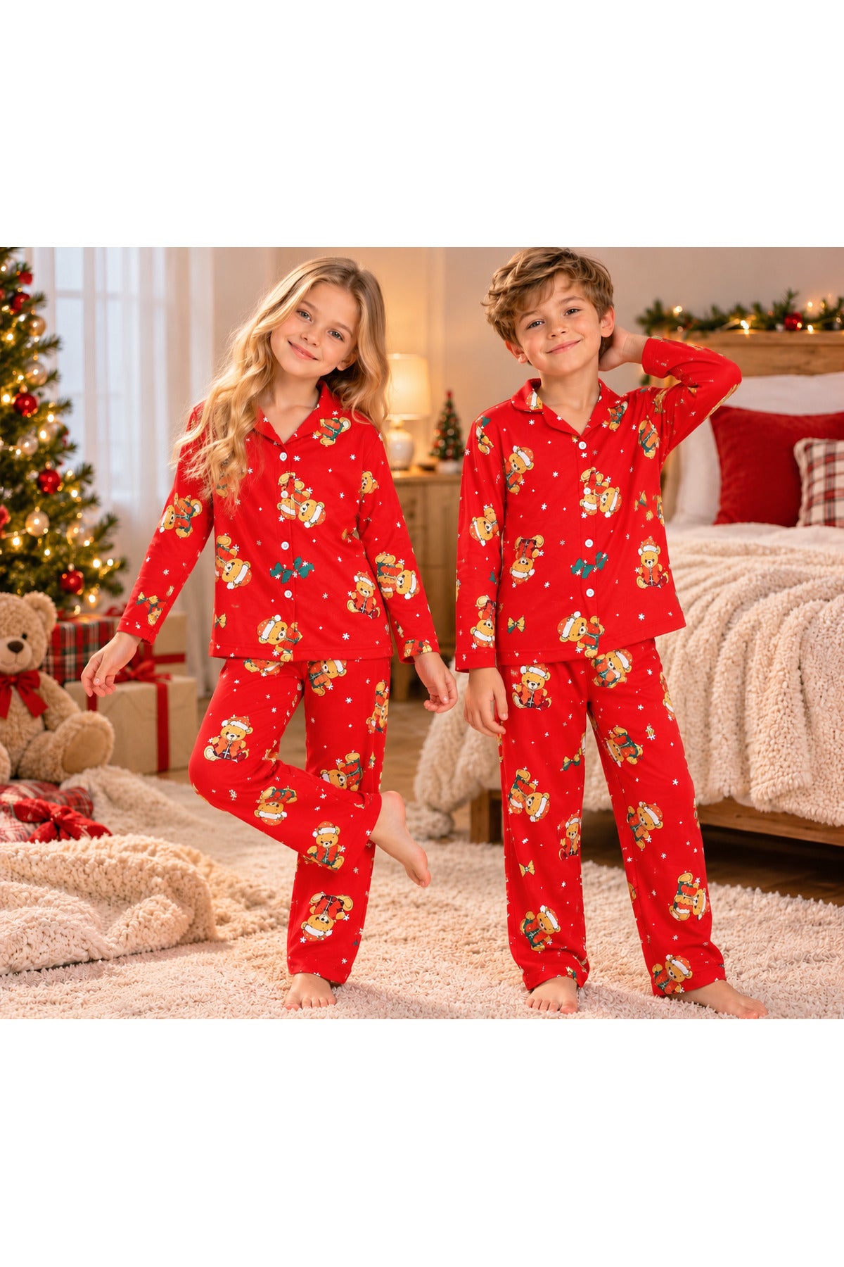 Erkek ve kız çocuk mevsimlik içi şardonlu uzun kollu yılbaşı pijama takımı