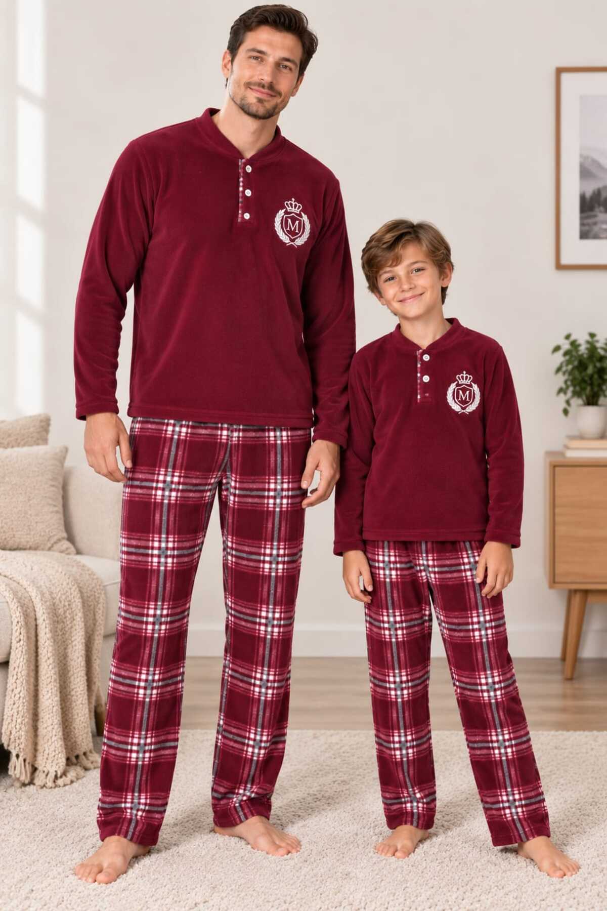 Baba ve erkek çocuk kombin uzun kollu düğmeli yaka polar kışlık pijama takımı (tek takım fiyatıdır)