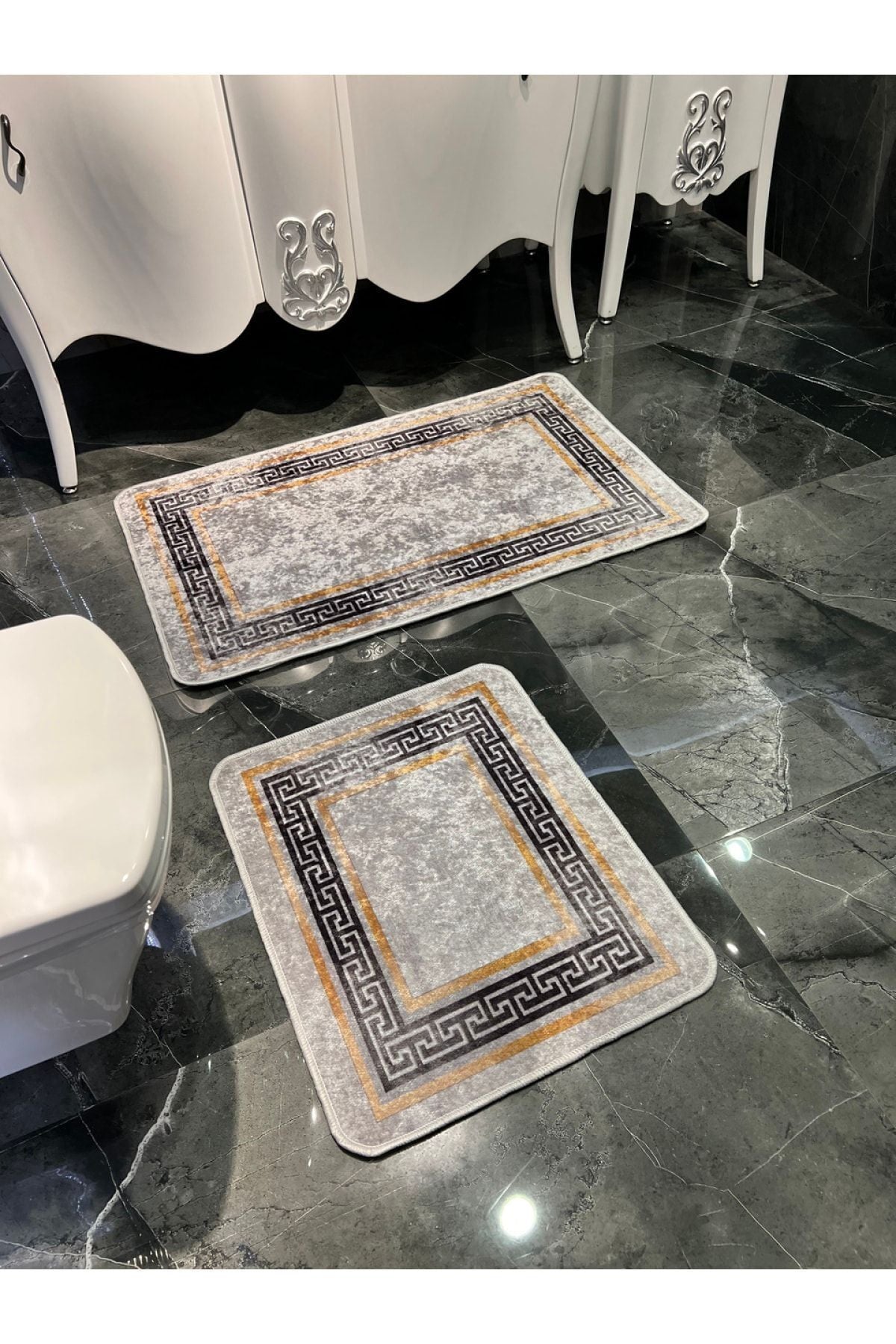 Bordürlü Desenli 2'li Lateks Deri Taban Banyo Paspas Takımı (60X100 - 60X50) Siyah