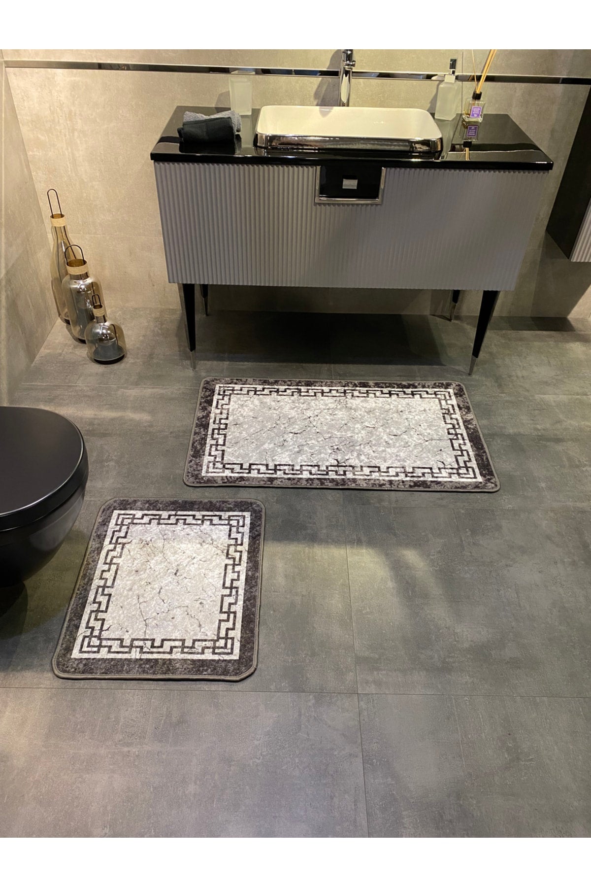 Lınaro 2'li Lateks Kaymaz Taban Su Geçirmez Banyo Paspas Takımı (60x100 - 60x50) Gri