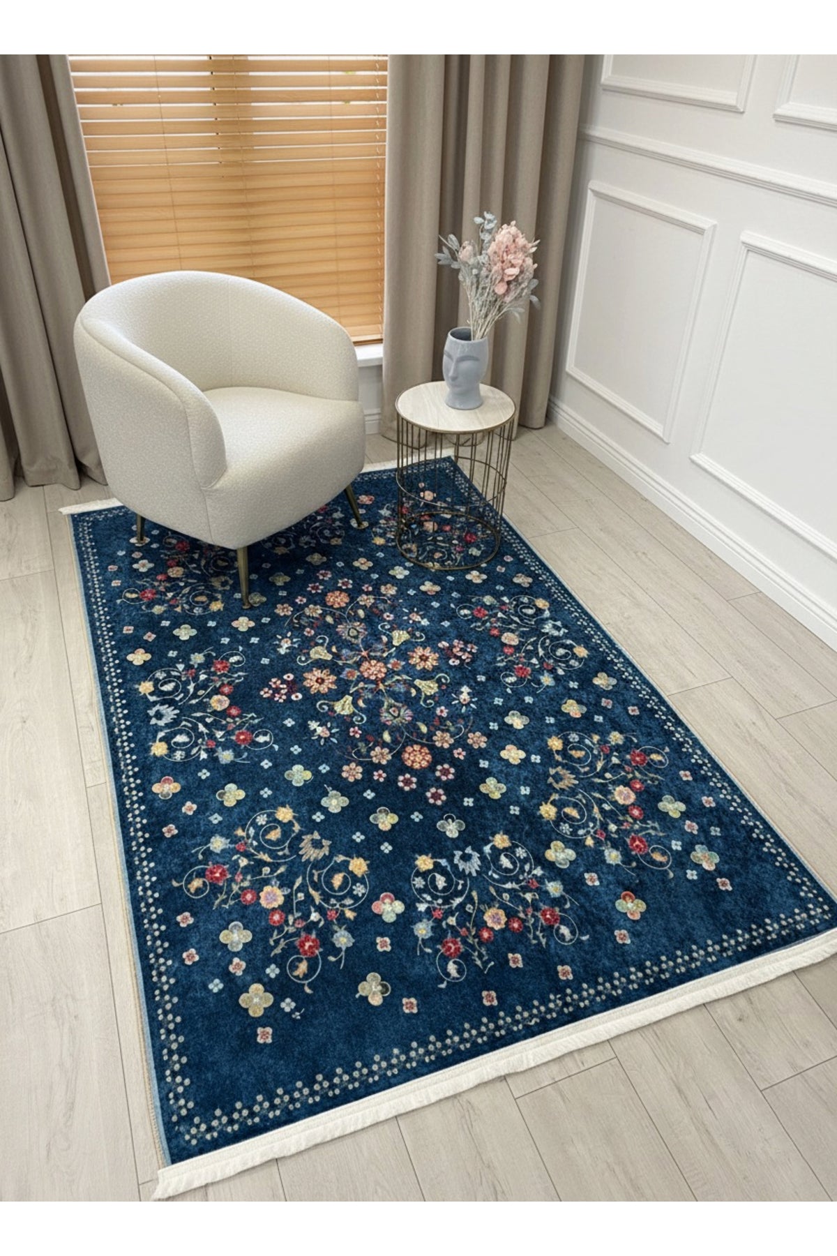 BEJ Renk Çiçek Desenli Vintage Lateks Taban Halı