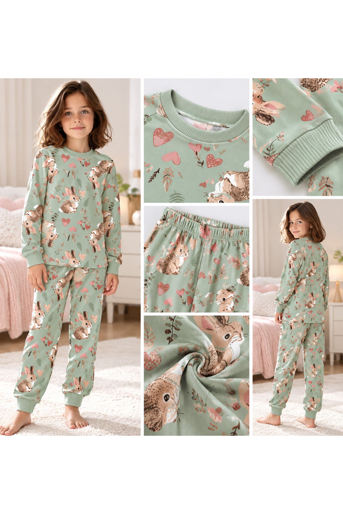 Kız çocuk %100 pamuklu sevimli tavşan desenli yumuşacık uzun kollu pijama takımı