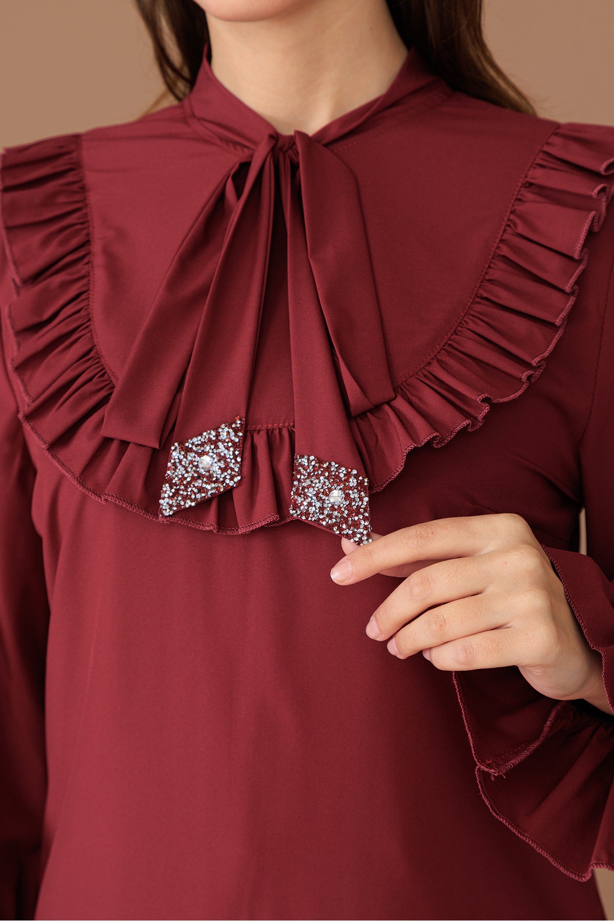 Azel Tesettür Tunik Pantolon İkili Takım, Taş Detaylı, Kravatlı, Yırtmaçlı