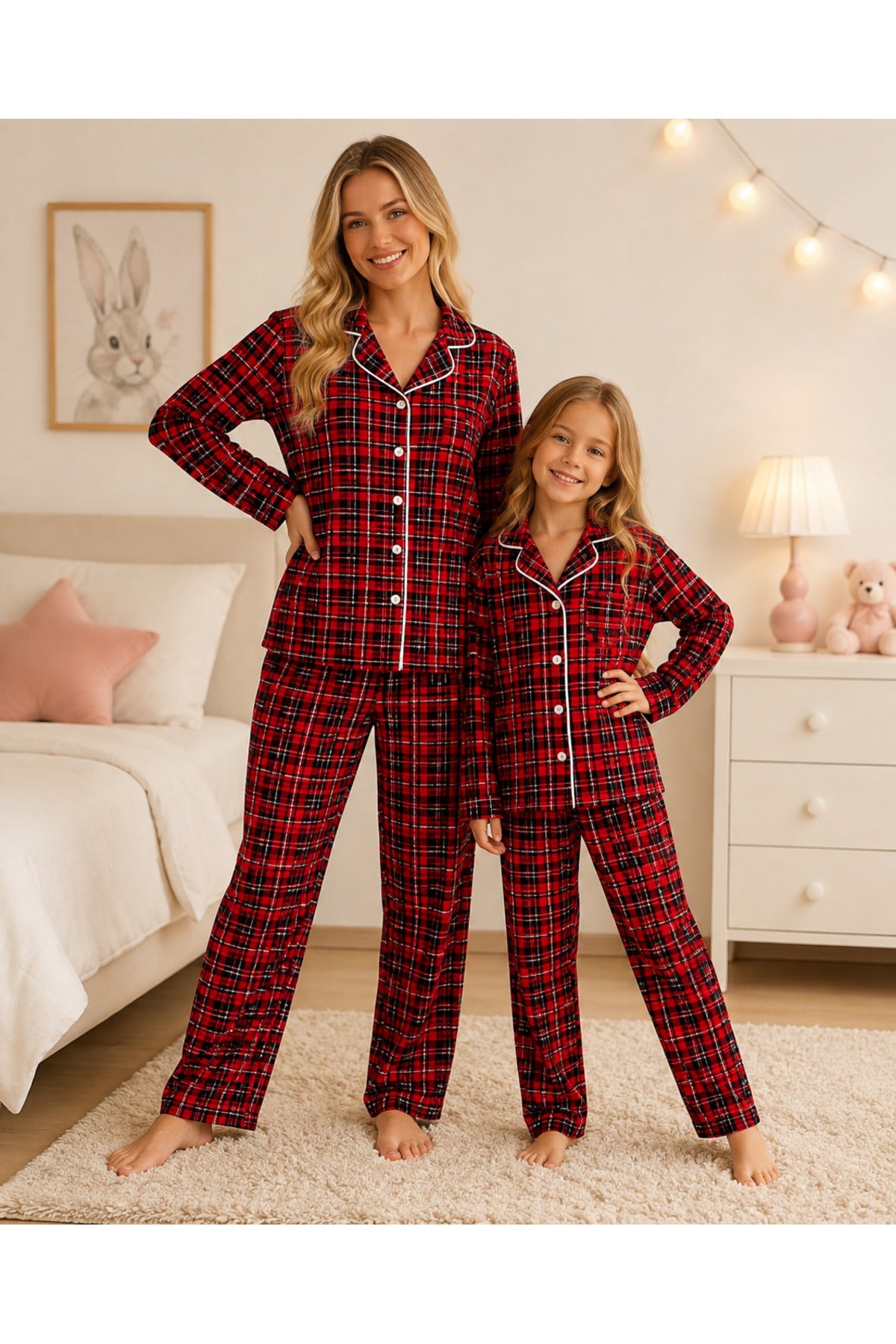 Anne kız Pamuklu düğmeli ekose desenli uzun kollu pijama takımı