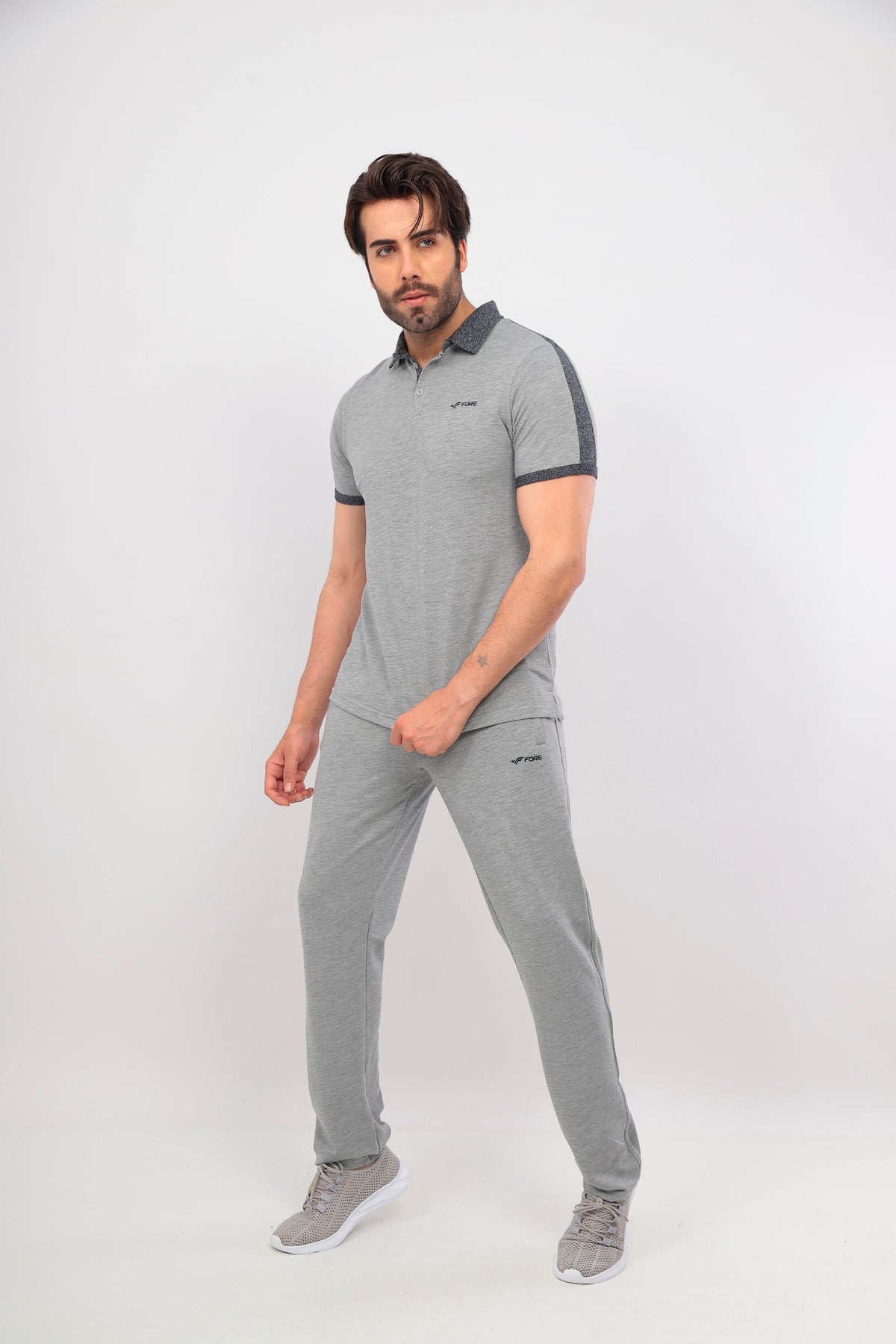 Erkek GriMelanj Polo Yaka T-shirt Takım
