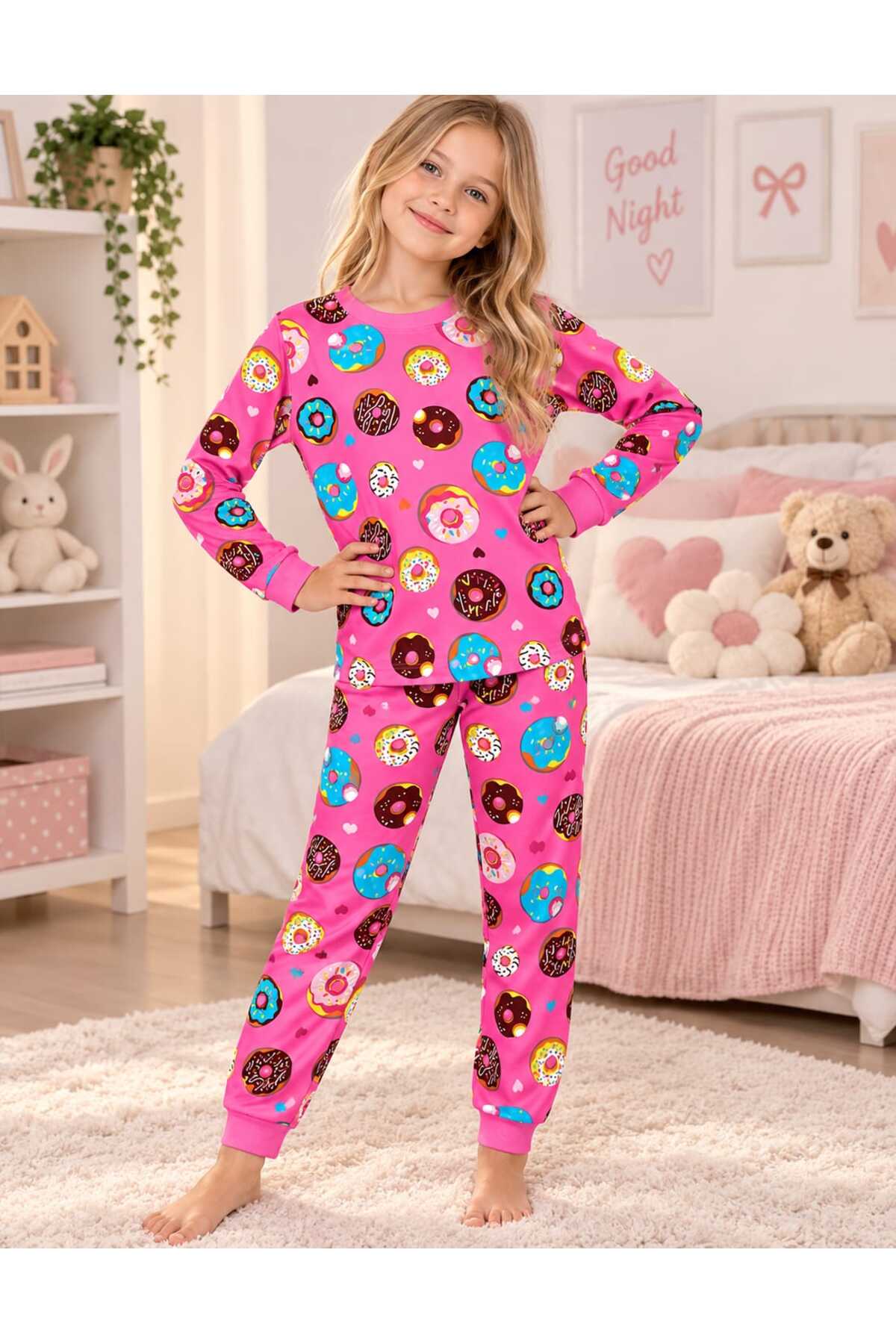 Kız çocuk %100 pamuklu uzun kollu bisiklet yaka pijama takımı