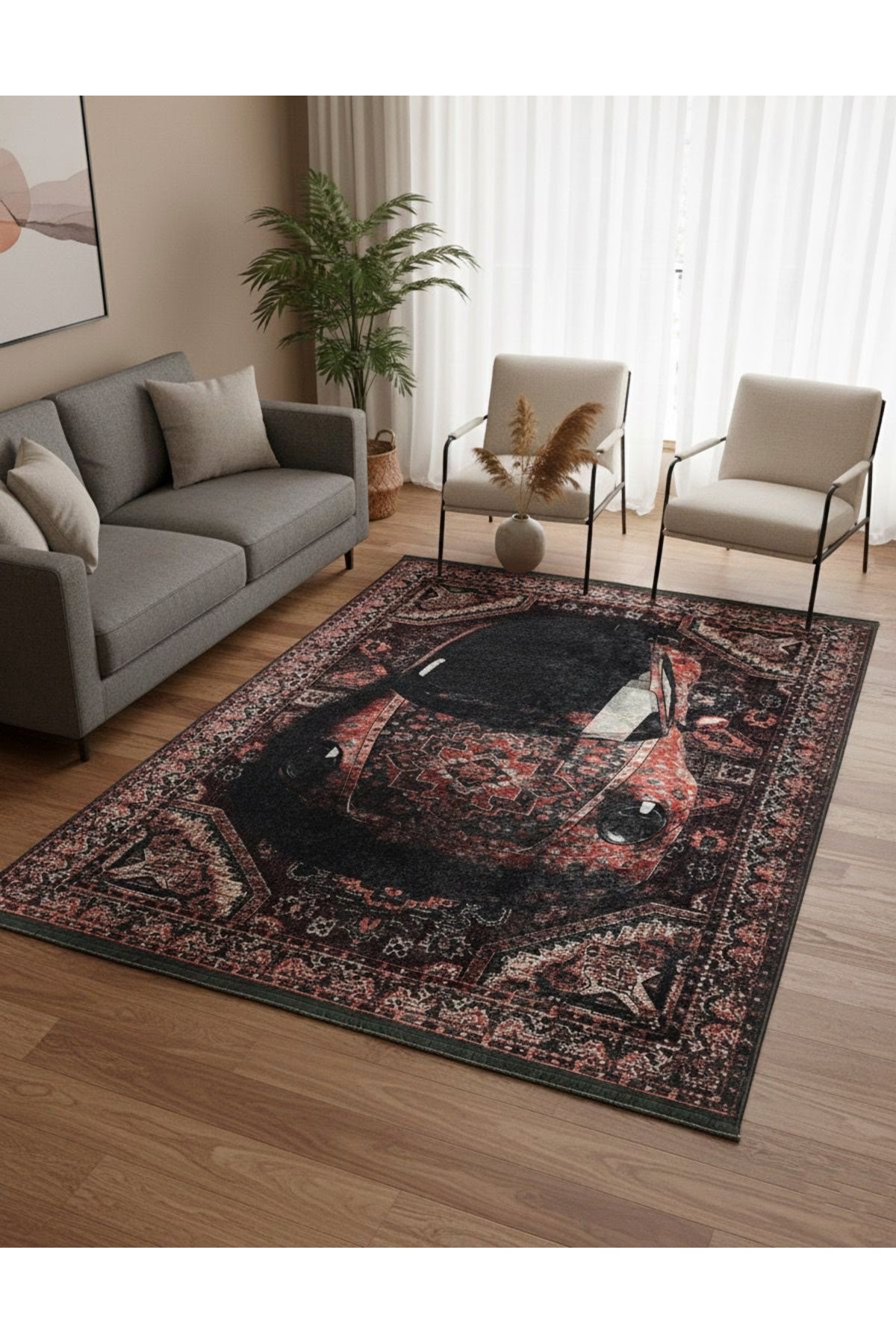 Vintage Araba Desenli Lateks Taban Halı