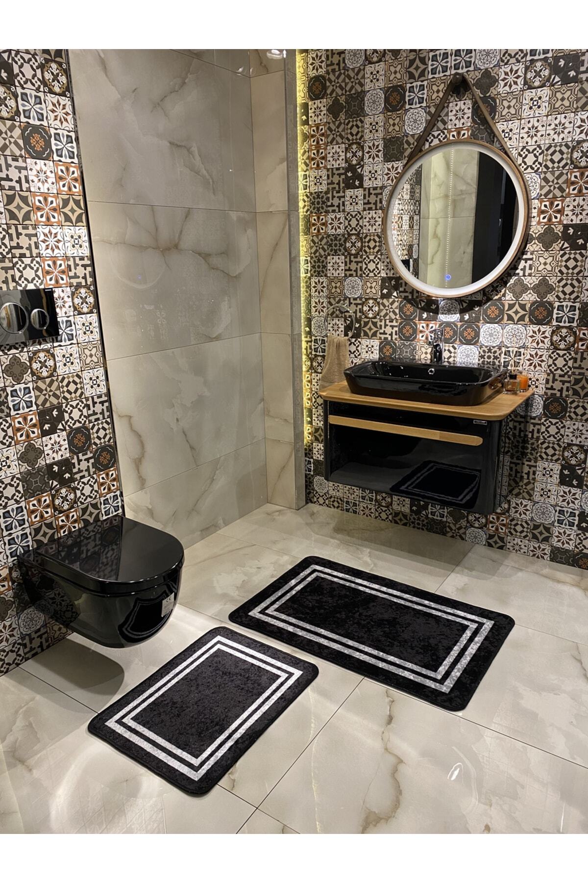 Tracy 2'li Lateks Taban Banyo Paspas Takımı -(EBAT 60X100 60X50) Siyah