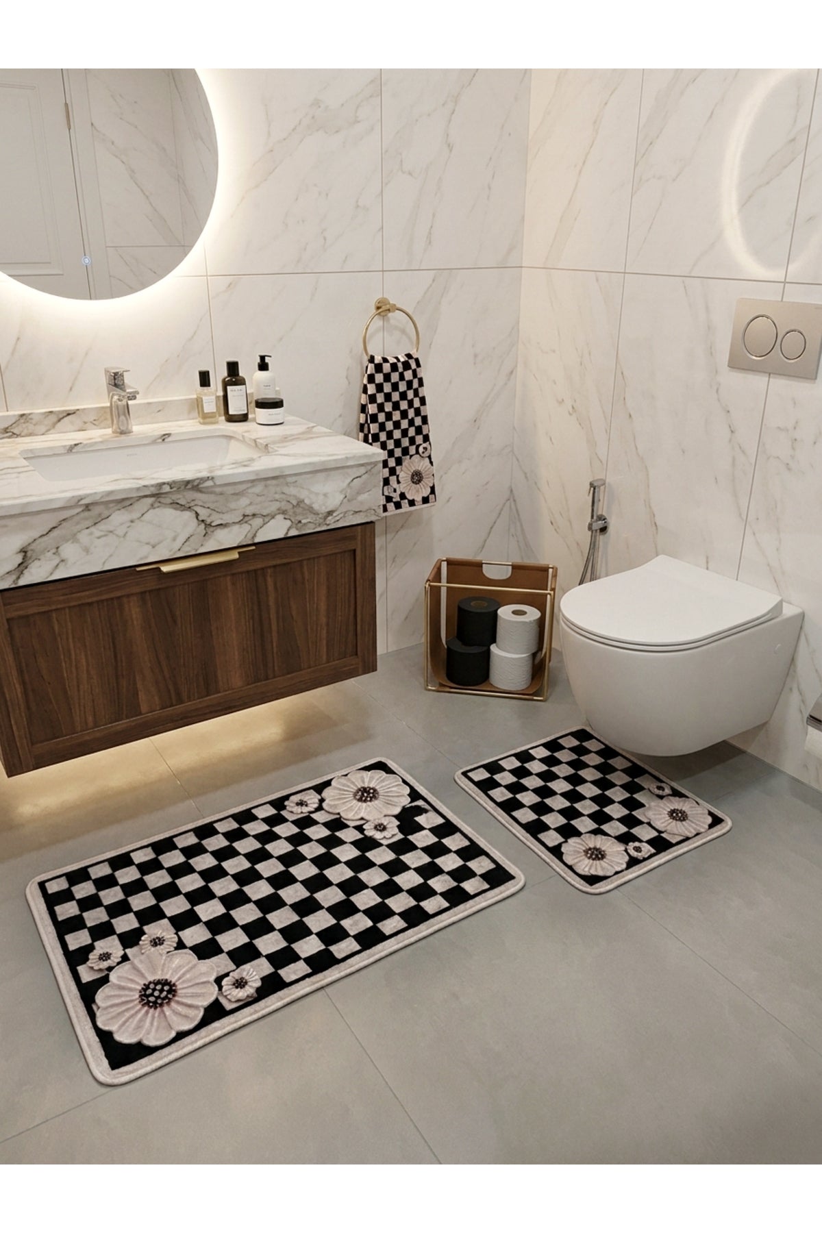Damalı Çiçek Desenli Lateks Taban 2'li Banyo Paspası (60x100-60x50)