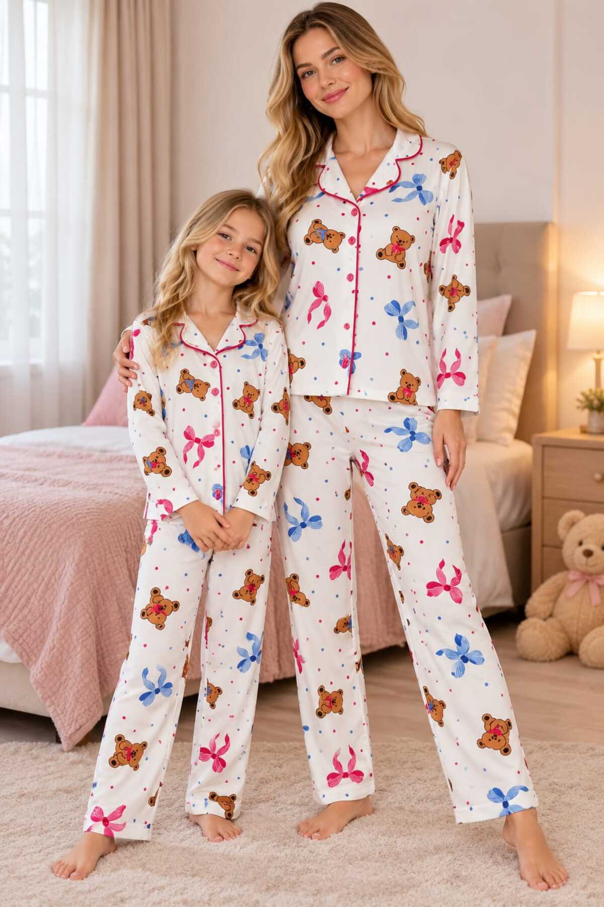 Anne ve kız çocuk kombin pamuklu uzun kollu düğmeli pijama takımı ( ayrı ayrı satılmaktadır)