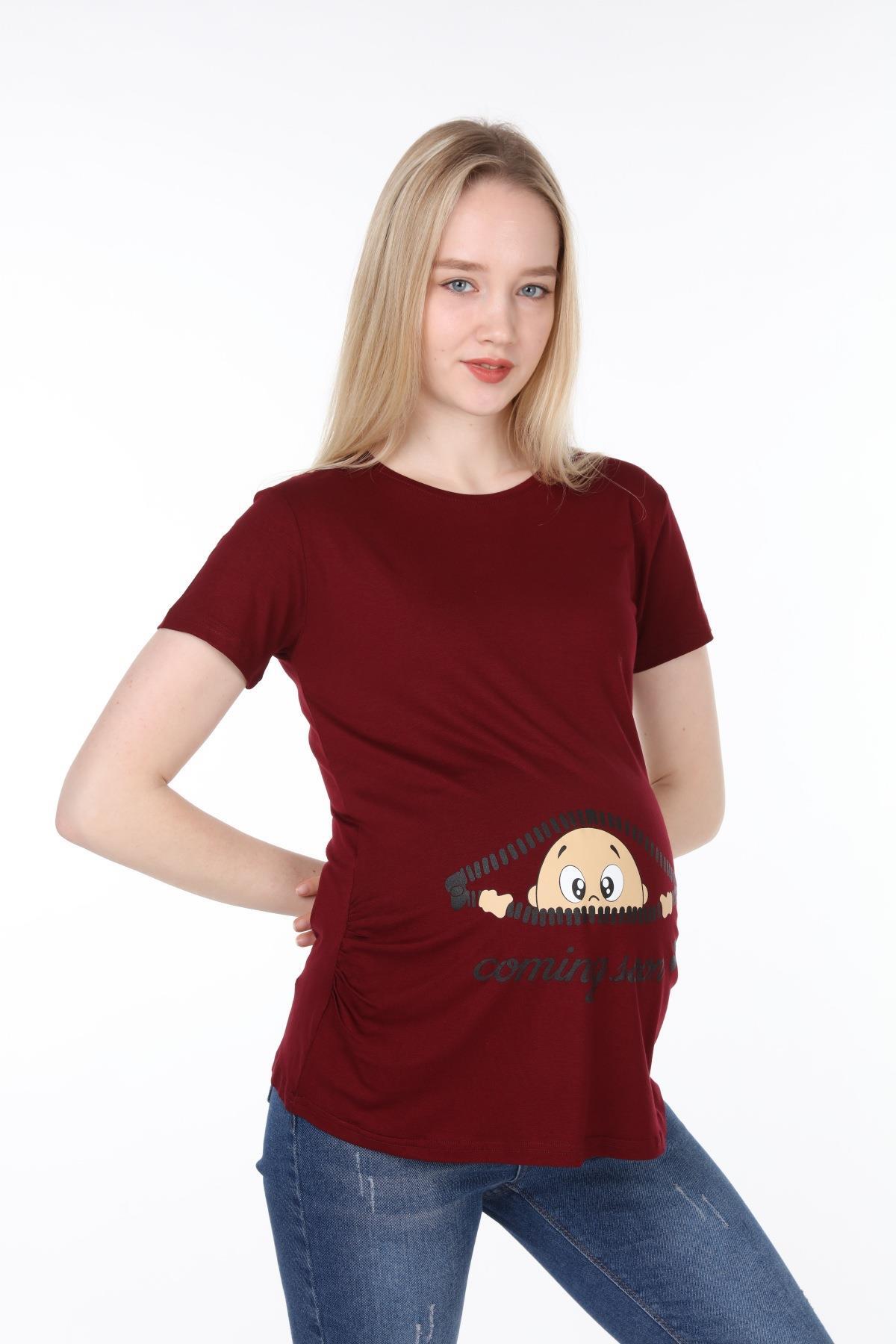 4473-fermuardan Bakan Bebek Viskon Hamile Kısa Kol T-shirt