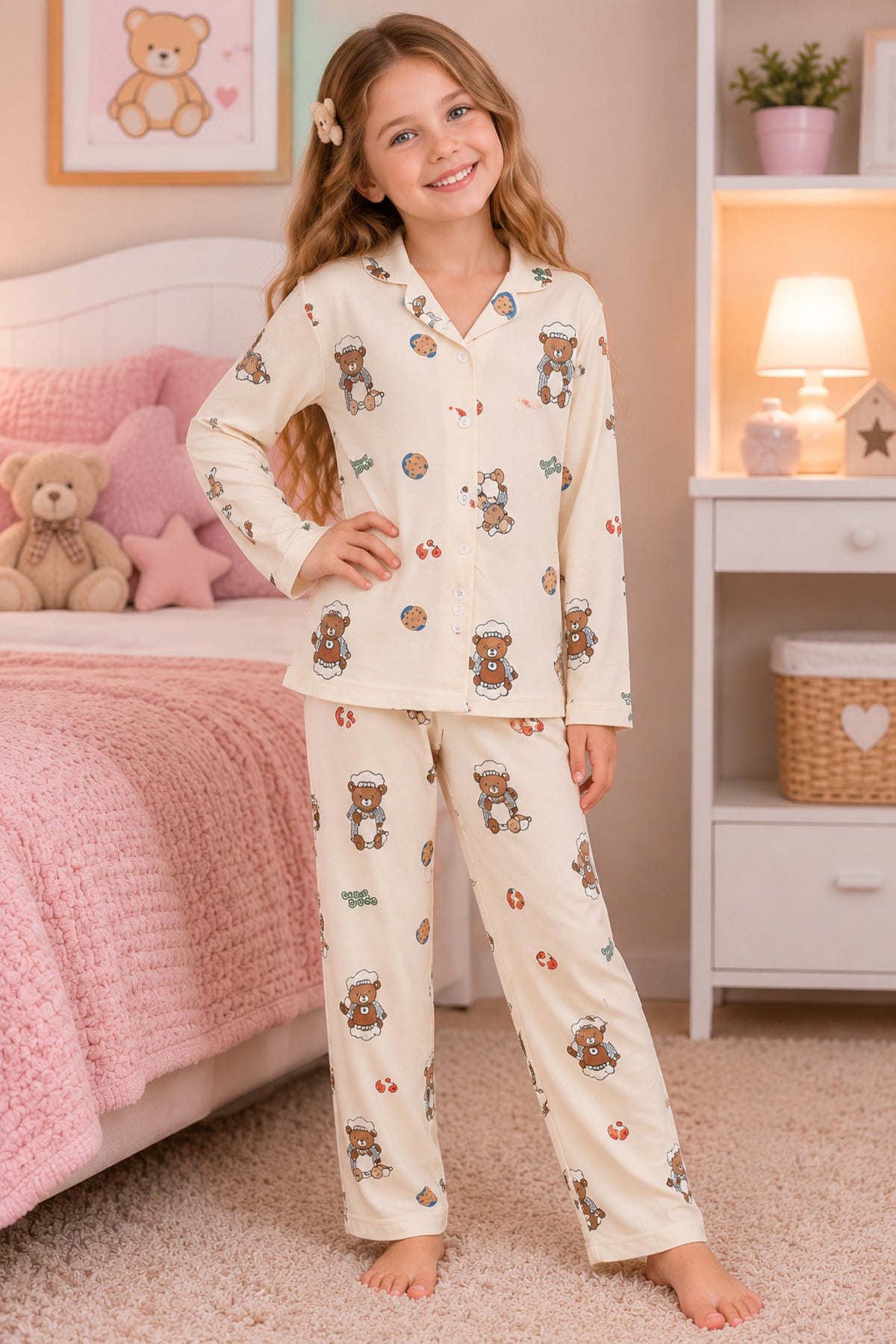 Kız çocuk pamuklu düğmeli uzun kollu pijama takımı