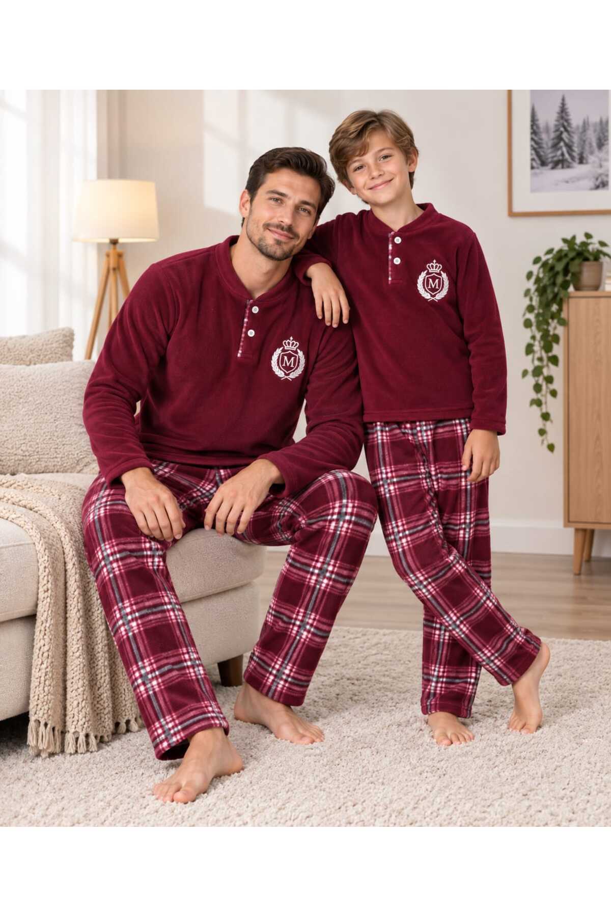 Baba ve erkek çocuk kombin uzun kollu düğmeli yaka polar kışlık pijama takımı (tek takım fiyatıdır)