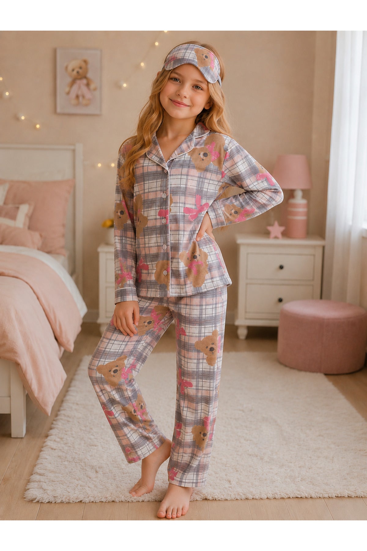 Kız çocuk pamuklu yumuşak düğmeli uyku bantlı uzun kollu pijama takımı