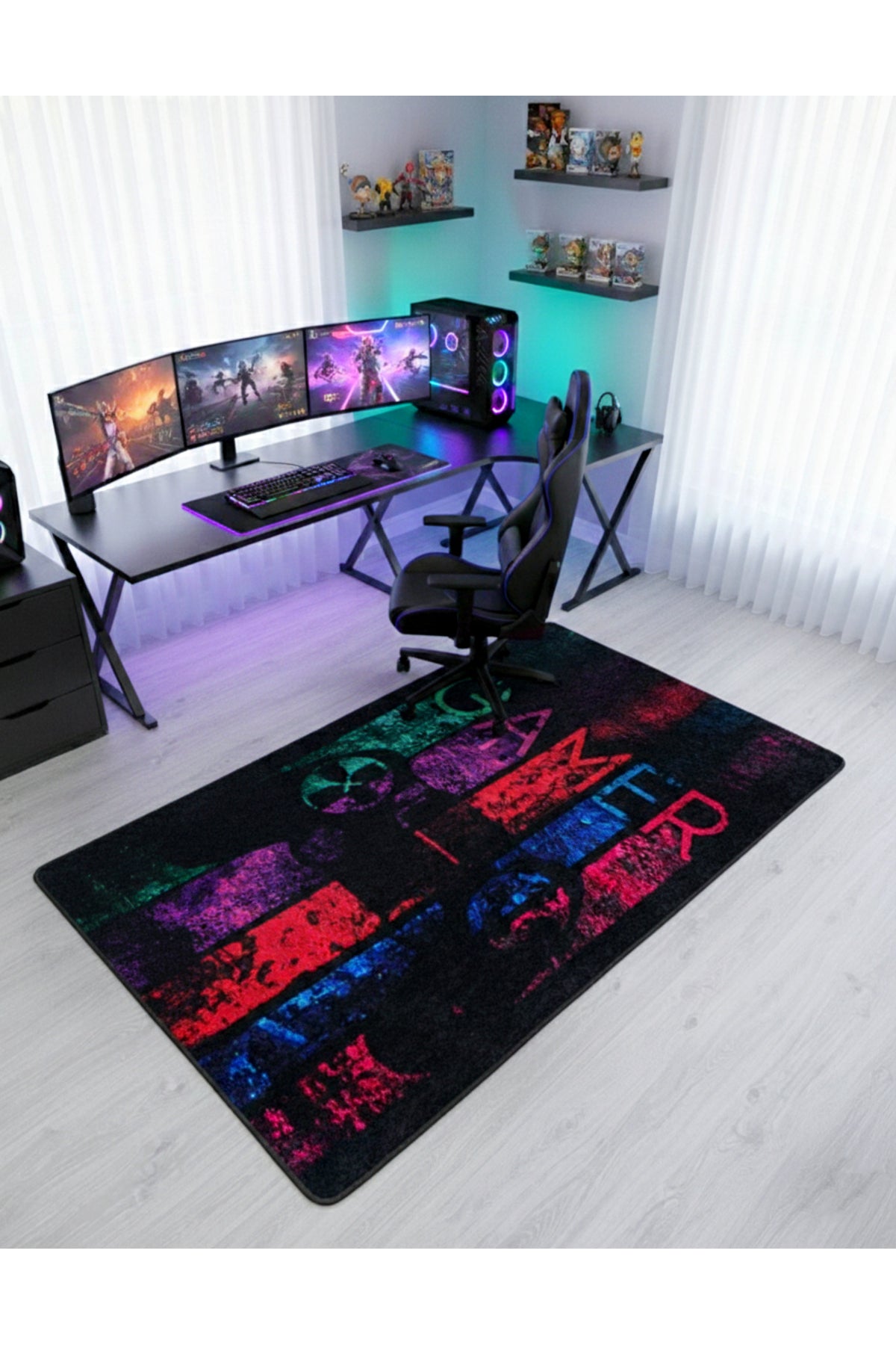 Gamer Oyuncu Siyah Genç Odası Lateks Deri Taban Halı