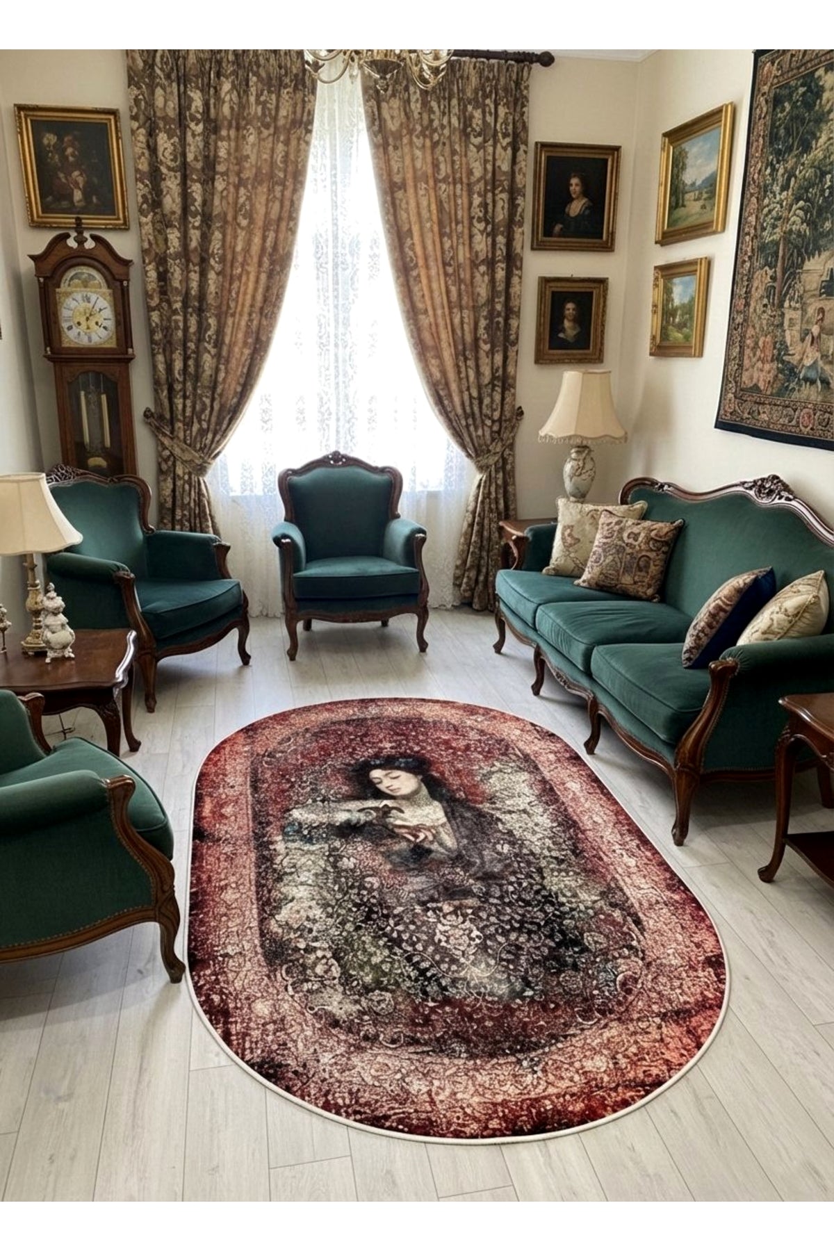 Kahve-Kırmızı Eskitme Vintage Etnik Desenli Oval Lateks Taban Halı