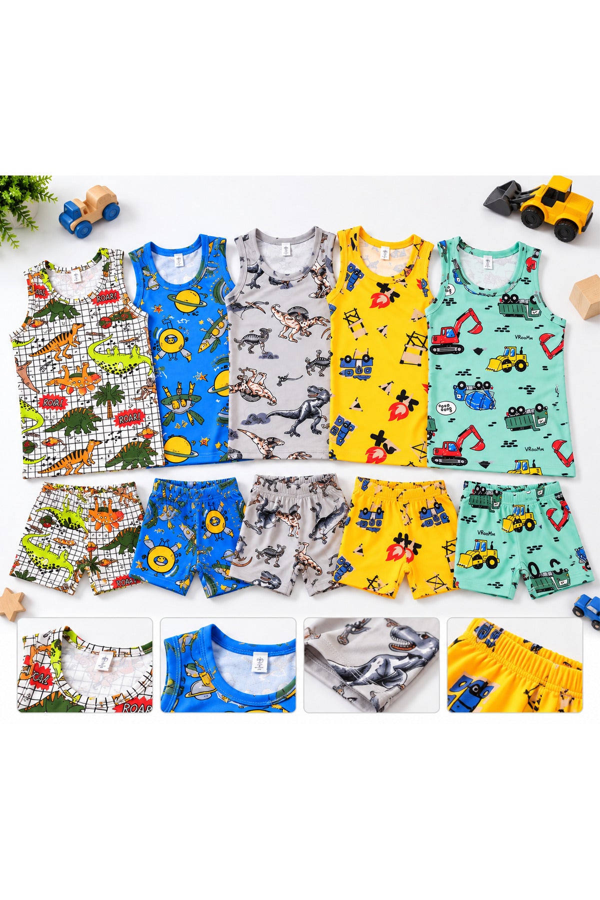 Erkek çocuk %95 pamuklu likralı avantajlı paket karışık desen 5 li Atlet ve 5 li boxer takımı