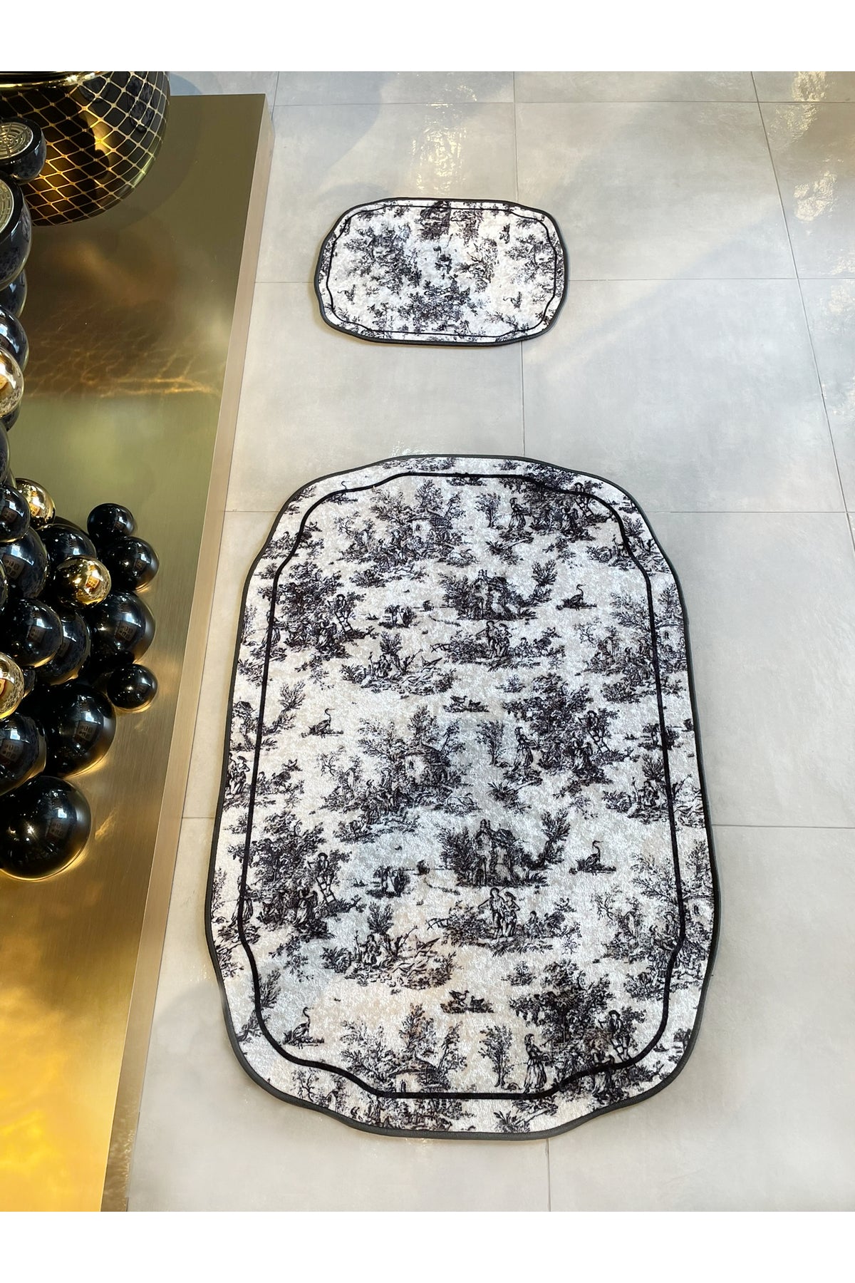 Toile de Jouy Temalı Tekli Lateks Taban Banyo Paspası (80X120)