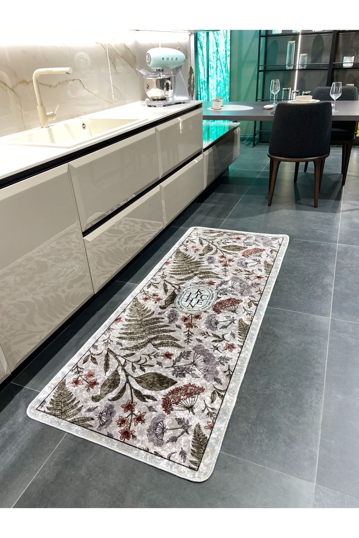 Çiçek Desenli Lateks Deri Taban Kitchen Mutfak Halısı GRİ