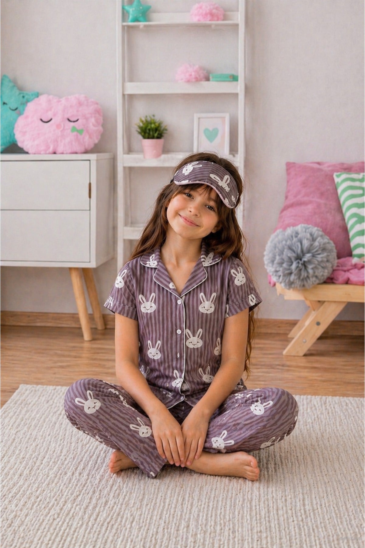 Kız çocuk pamuklu düğmeli yazlık kısa kollu pijama takımı uyku bantlı