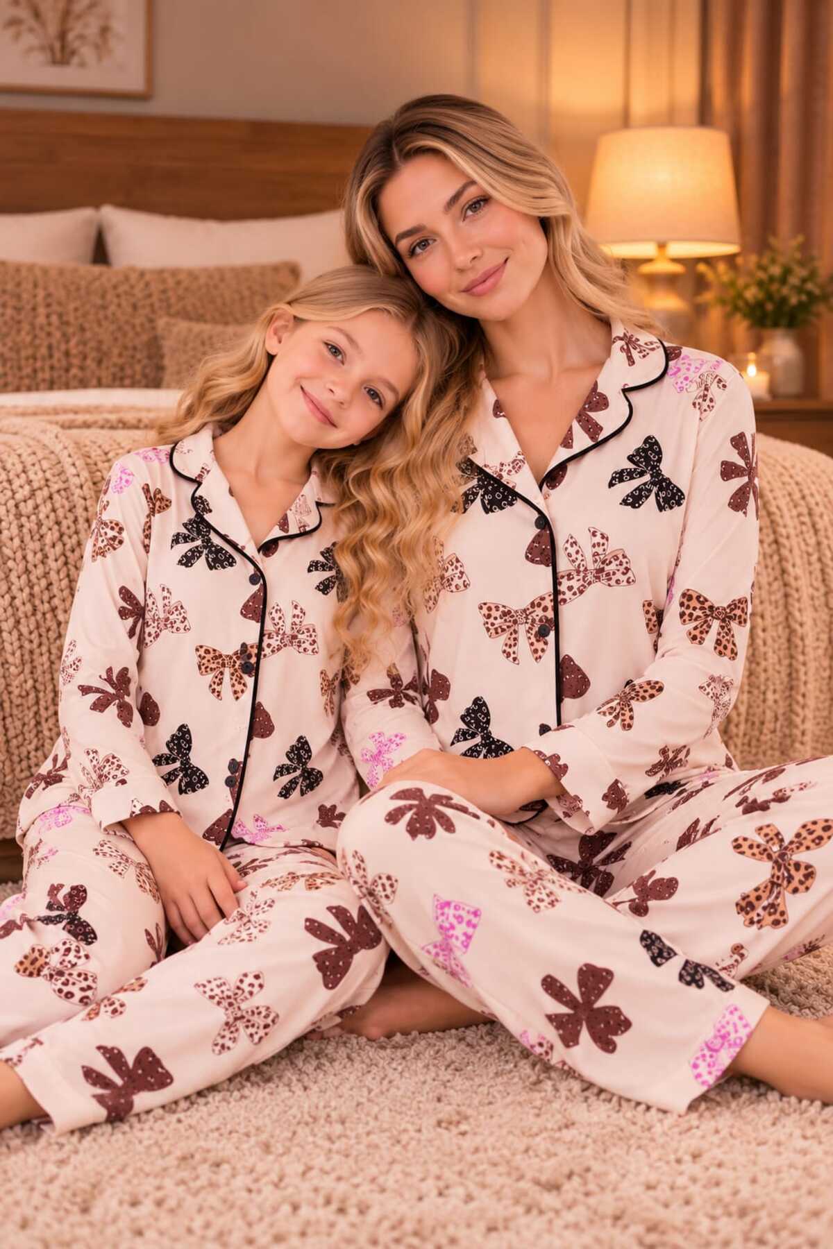 Anne ve kız çocuk kombin uzun kollu düğmeli süet bej renk pijama takımı ( tek takım fiyatıdır)