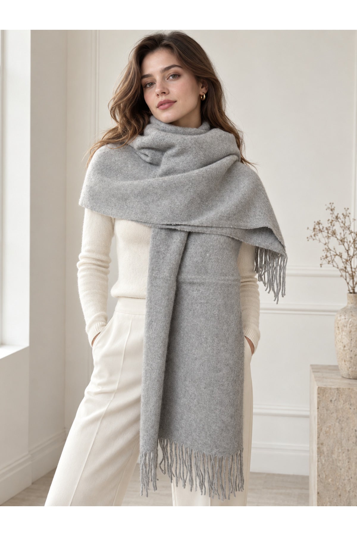 Bej Püsküllü Kaşmir Atkı Şal 70x185 cm SAL1337