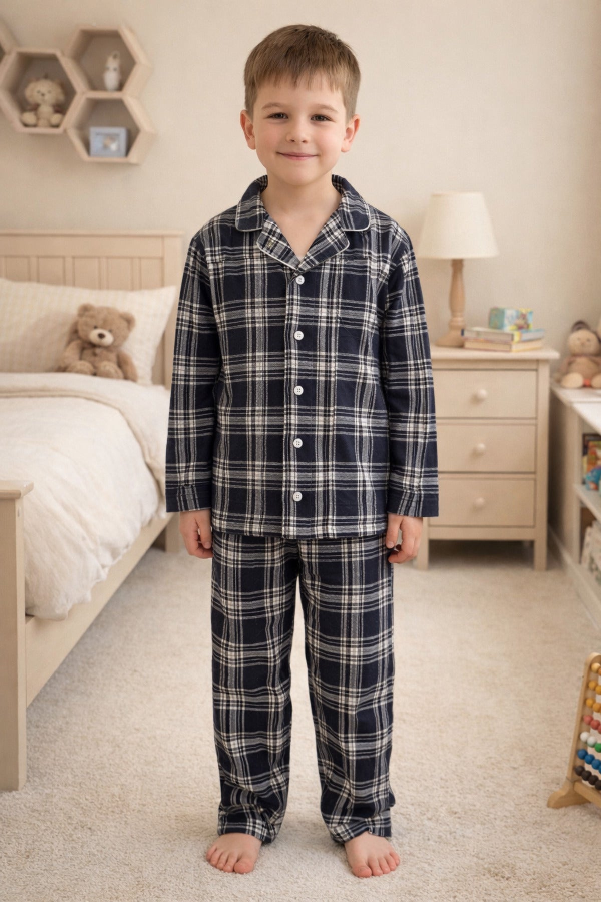 Erkek çocuk pamuklu süet düğmeli pijama takımı