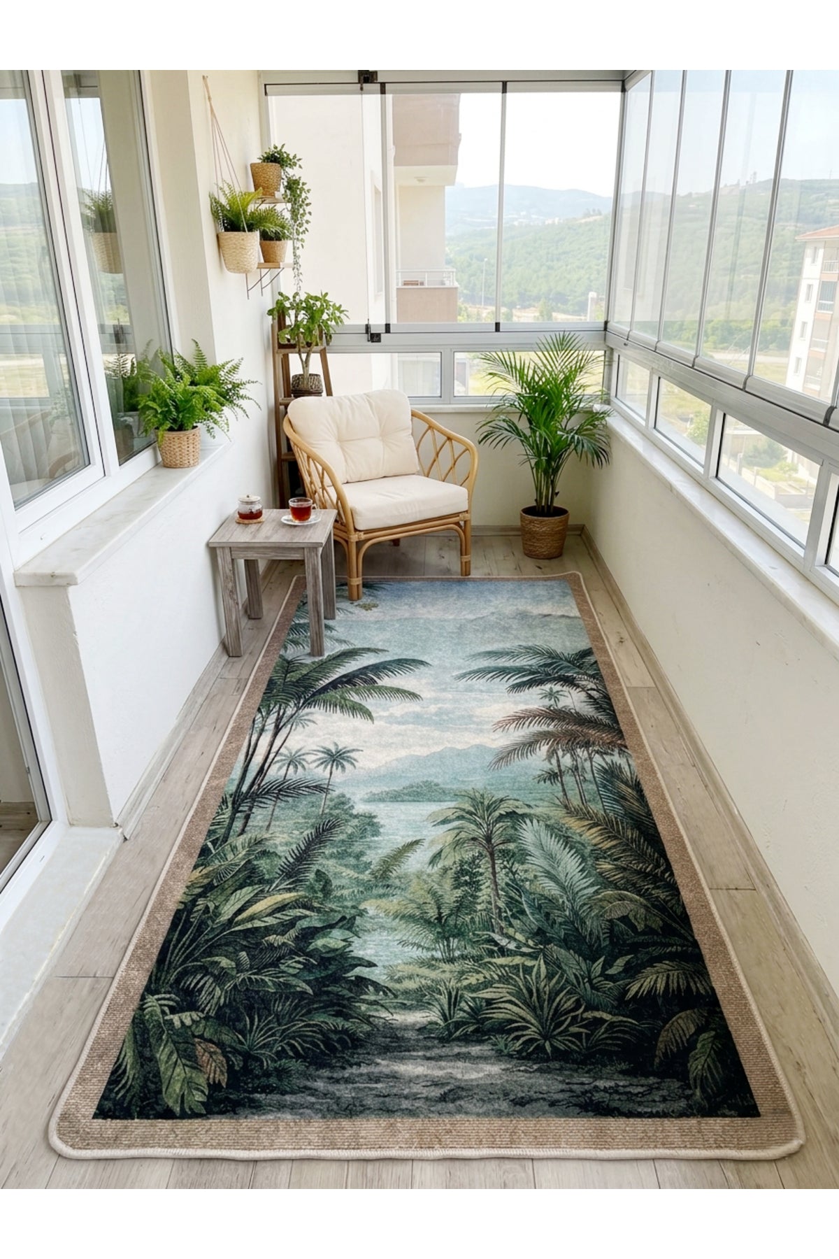 Tropikal Yağmur Ormanı Desenli Modern Lateks Taban Antre ve Balkon Halısı