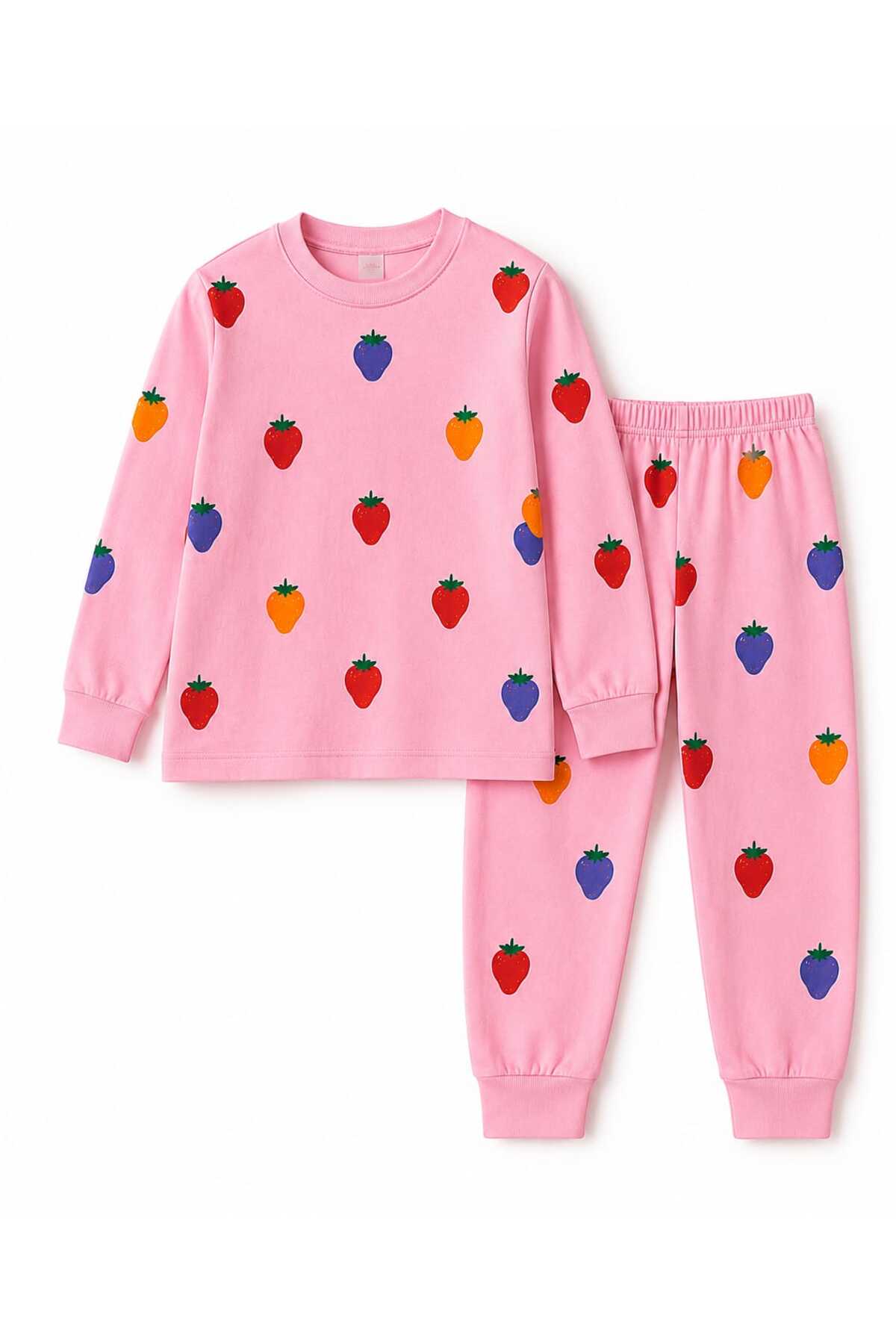 Kız çocuk %100 pamuklu renkli çilek desenli Pembe uzun kollu pijama takımı