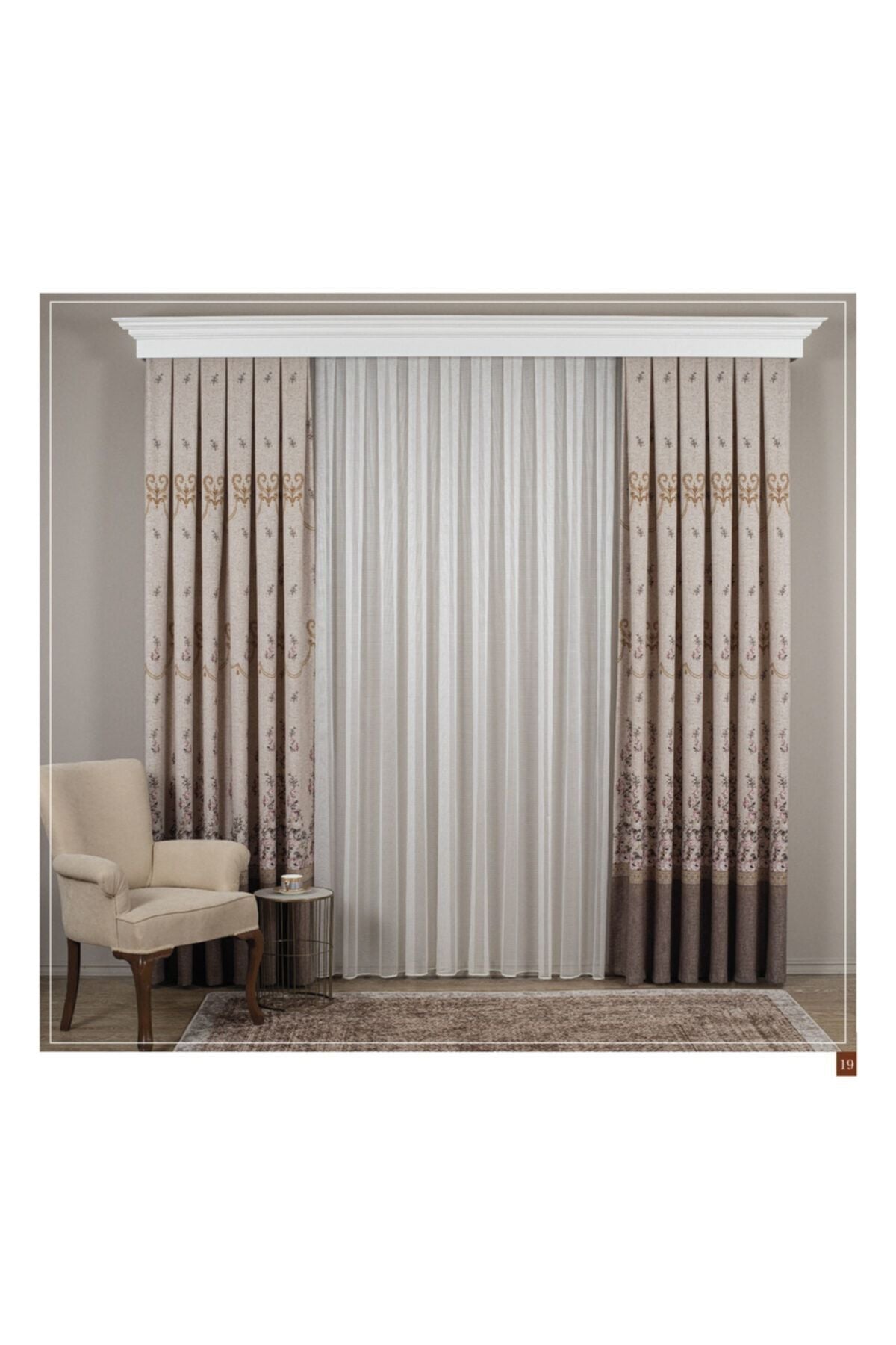 Country Collection 1/3 Sık Pile Natural Keten Çiçek Desenli Fon Perde