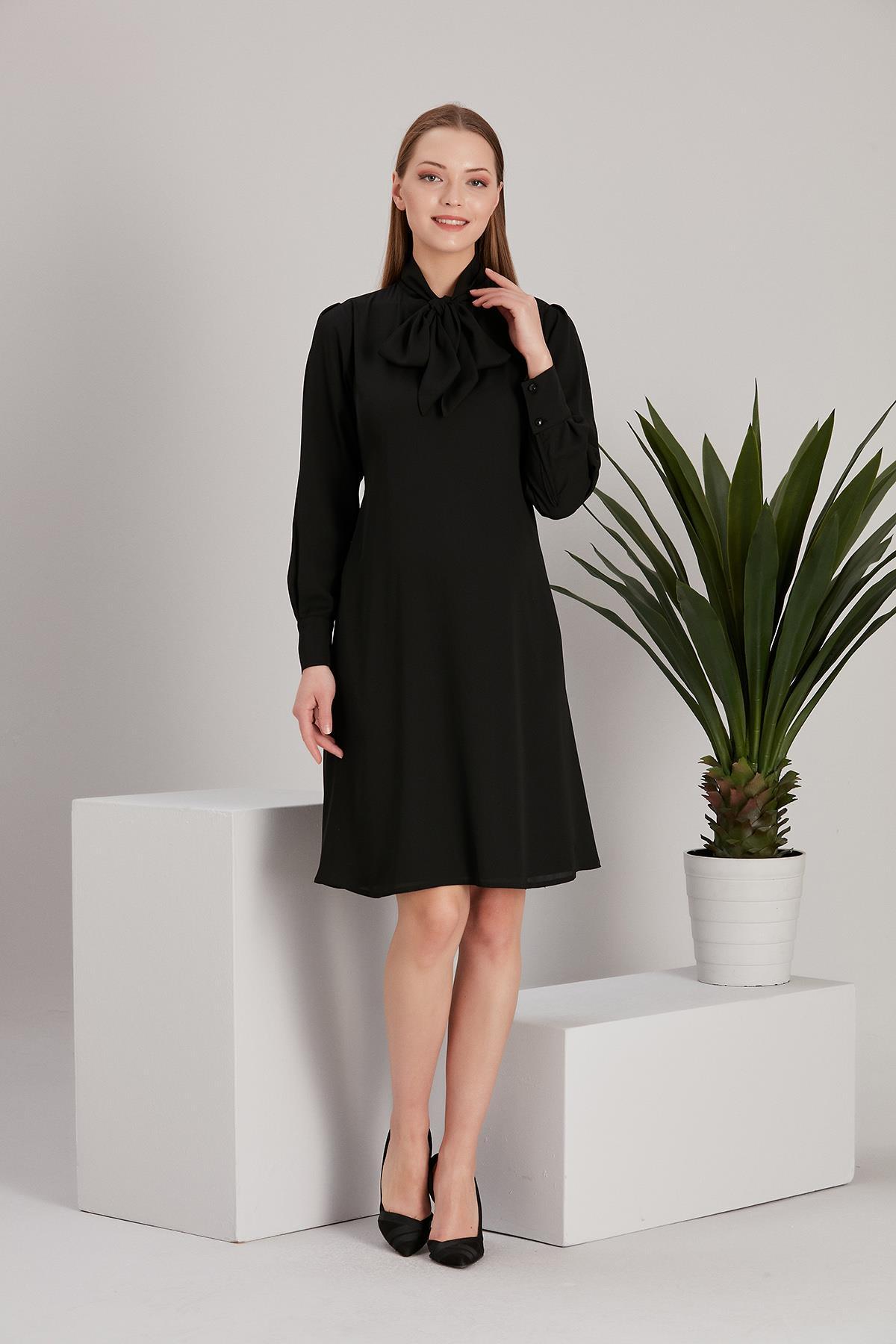 5065-fular Yaka Leopar Desen Hamile Crep Şifon Tunik Elbise