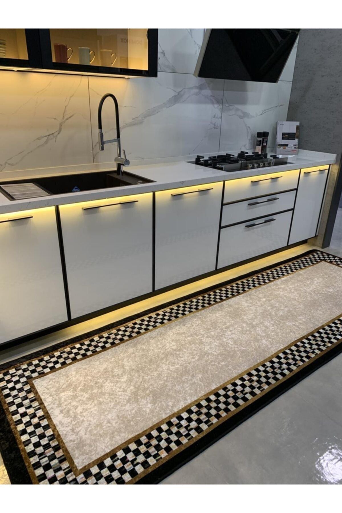 Rosen Model Damalı Kaymaz Taban Mutfak Halısı - Gri-bordo