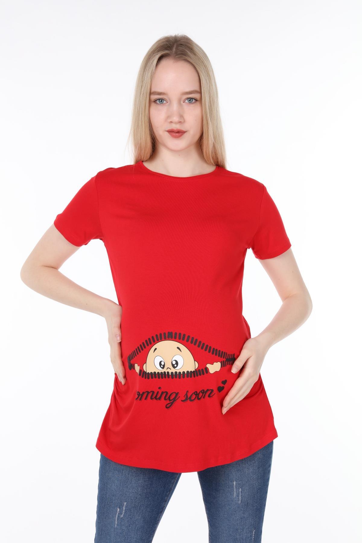 4473-fermuardan Bakan Bebek Viskon Hamile Kısa Kol T-shirt