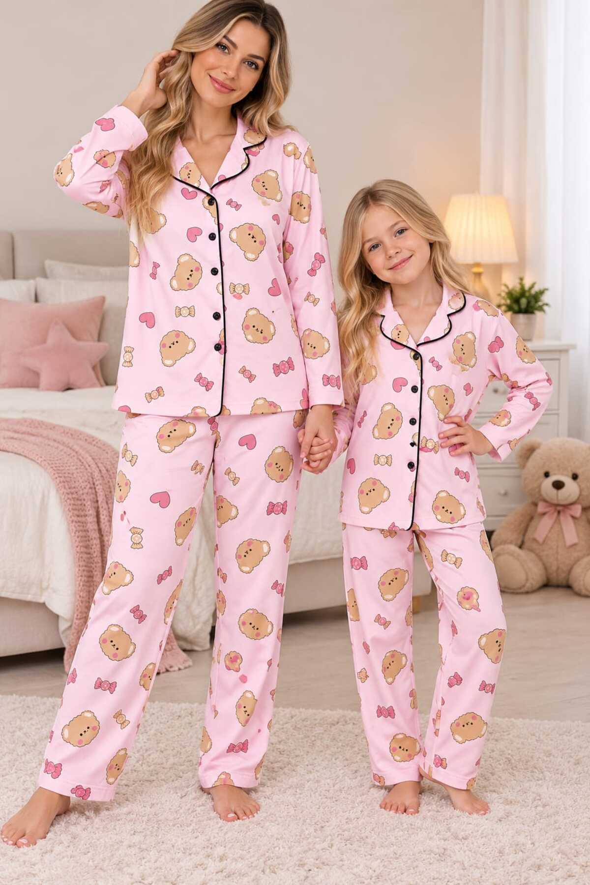 Anne kız pamuklu düğmeli uzun kollu süet pijama takımı (tek takım fiyatıdır)