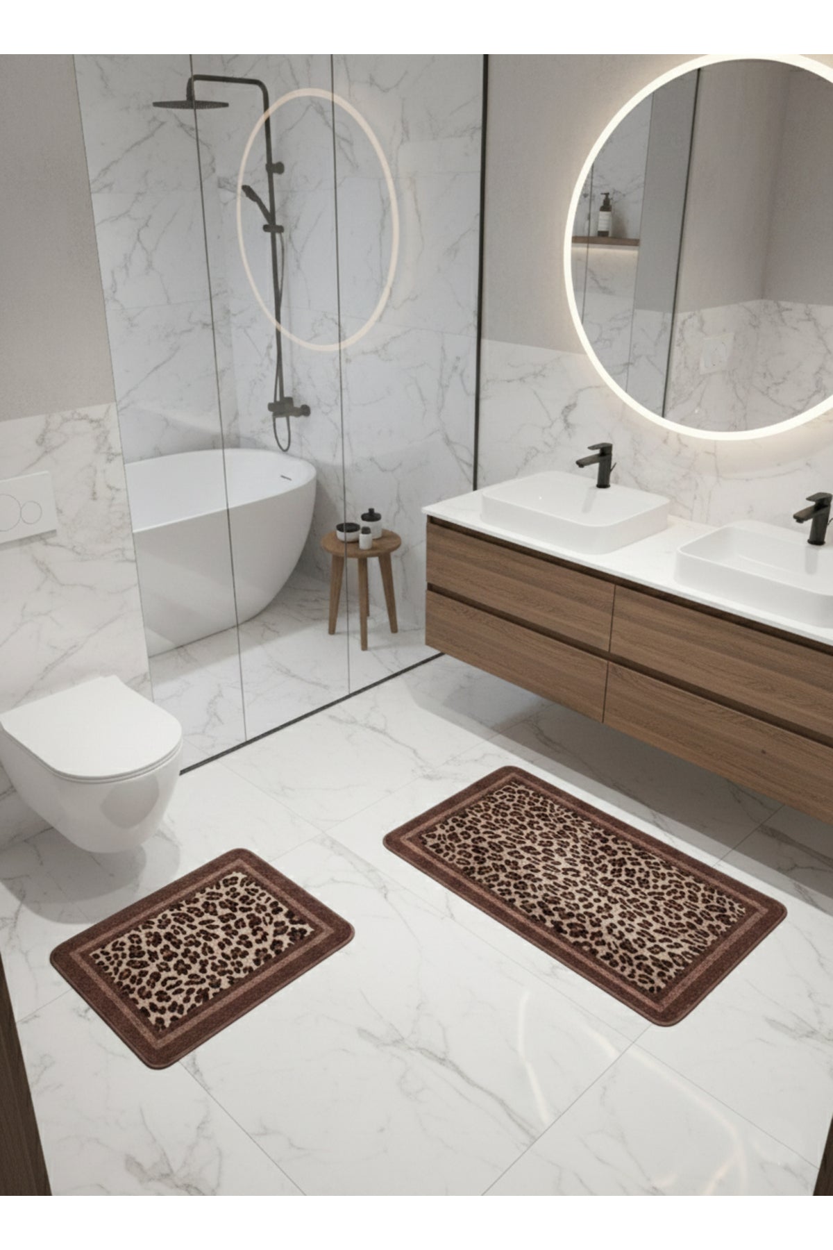 Lepoar Desenli 2 li Deri Taban Banyo Paspas (60x100 - 60x50)