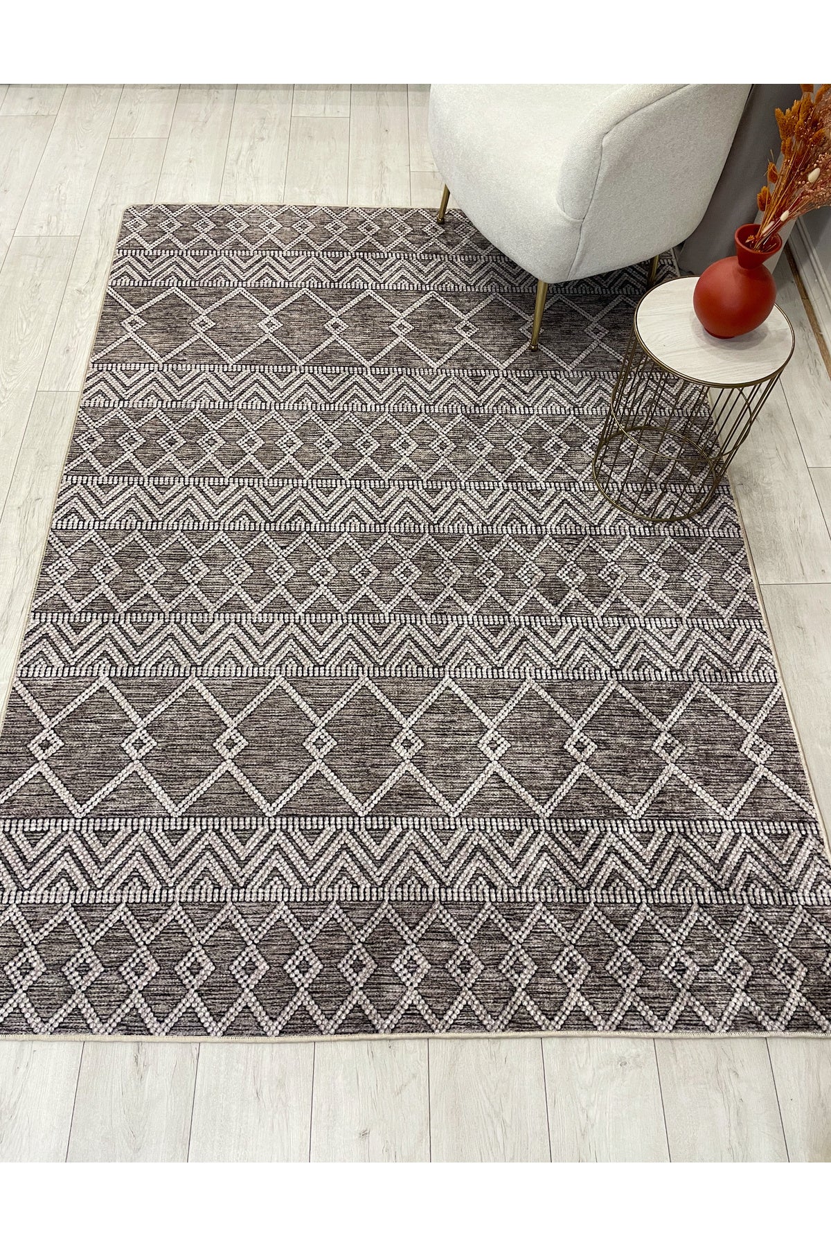 Gri Siyah İskandinav Tarzı Kilim Desenli Yolluk Lateks Halı