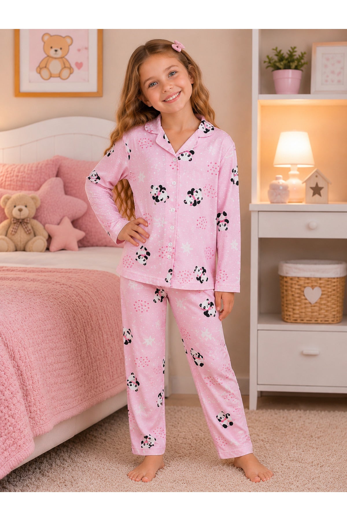 Kız çocuk pamuklu düğmeli uzun kollu pijama takımı