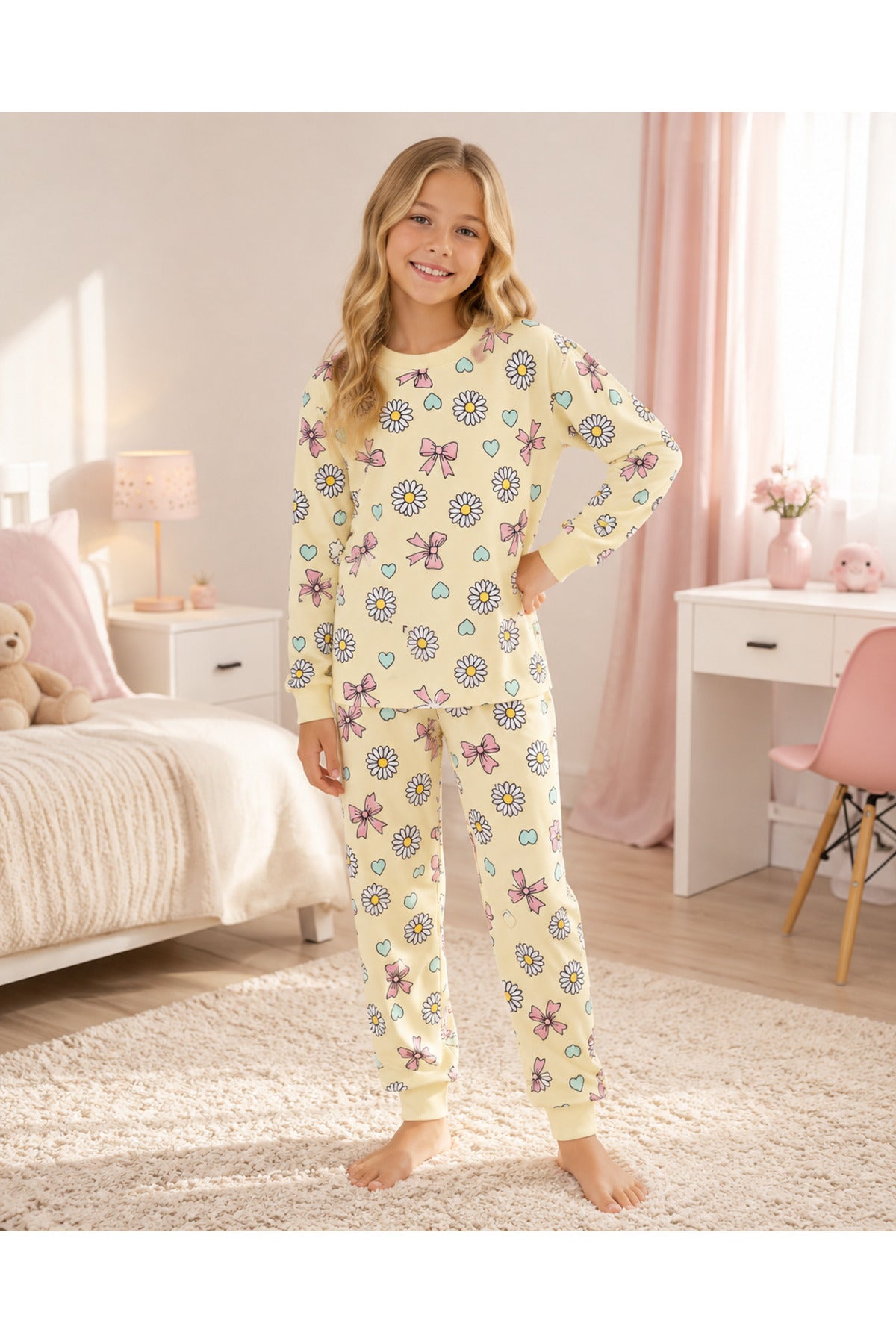 Elmas kids Kız çocuk %100 pamuklu sarı papatya desenli uzun kollu pijama takımı